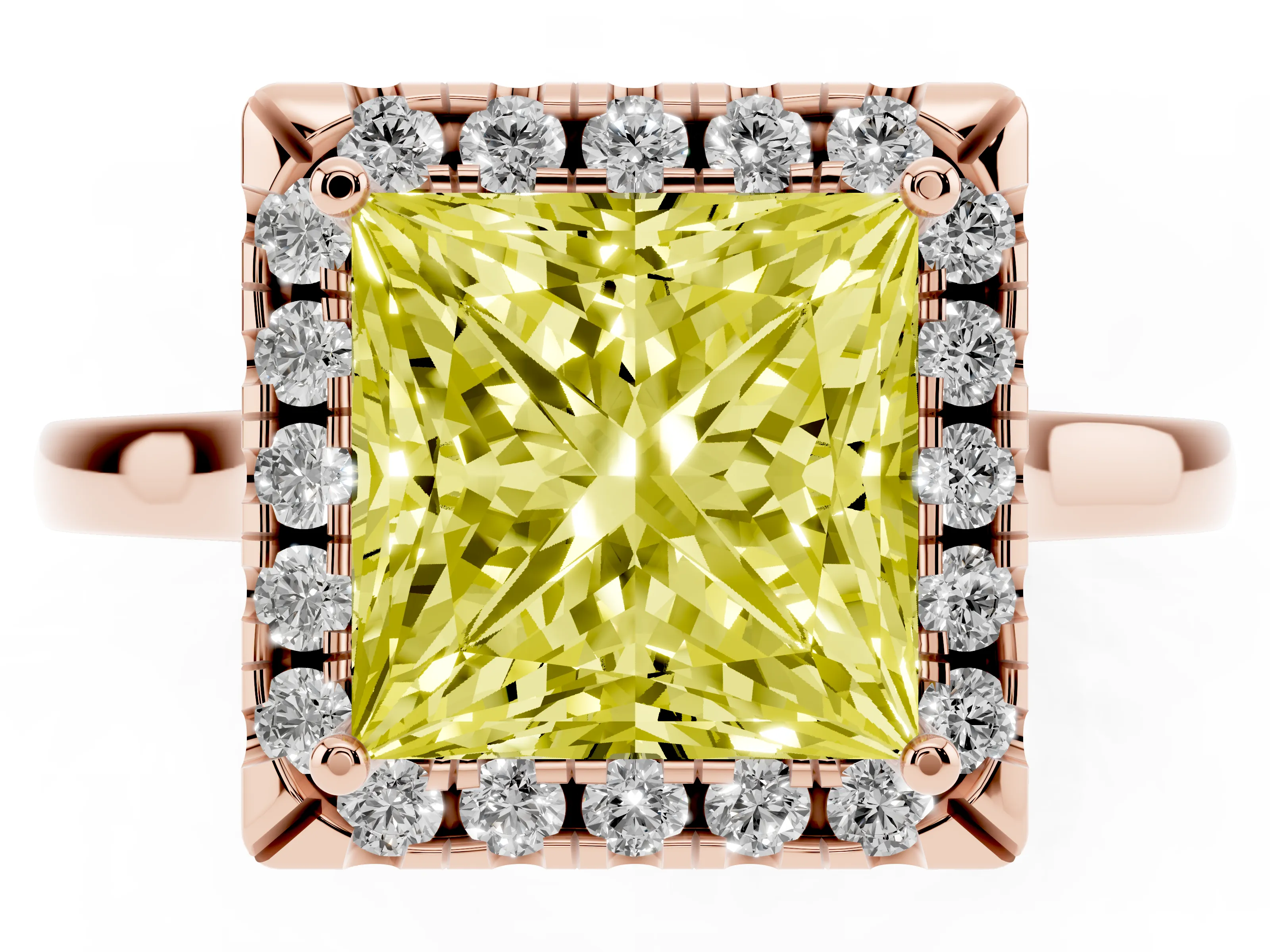 Fancy Yellow Princess Cut Halo Round Diamond Solitaire Ring Set in Rose gold with Pavé Band and Prong Setting