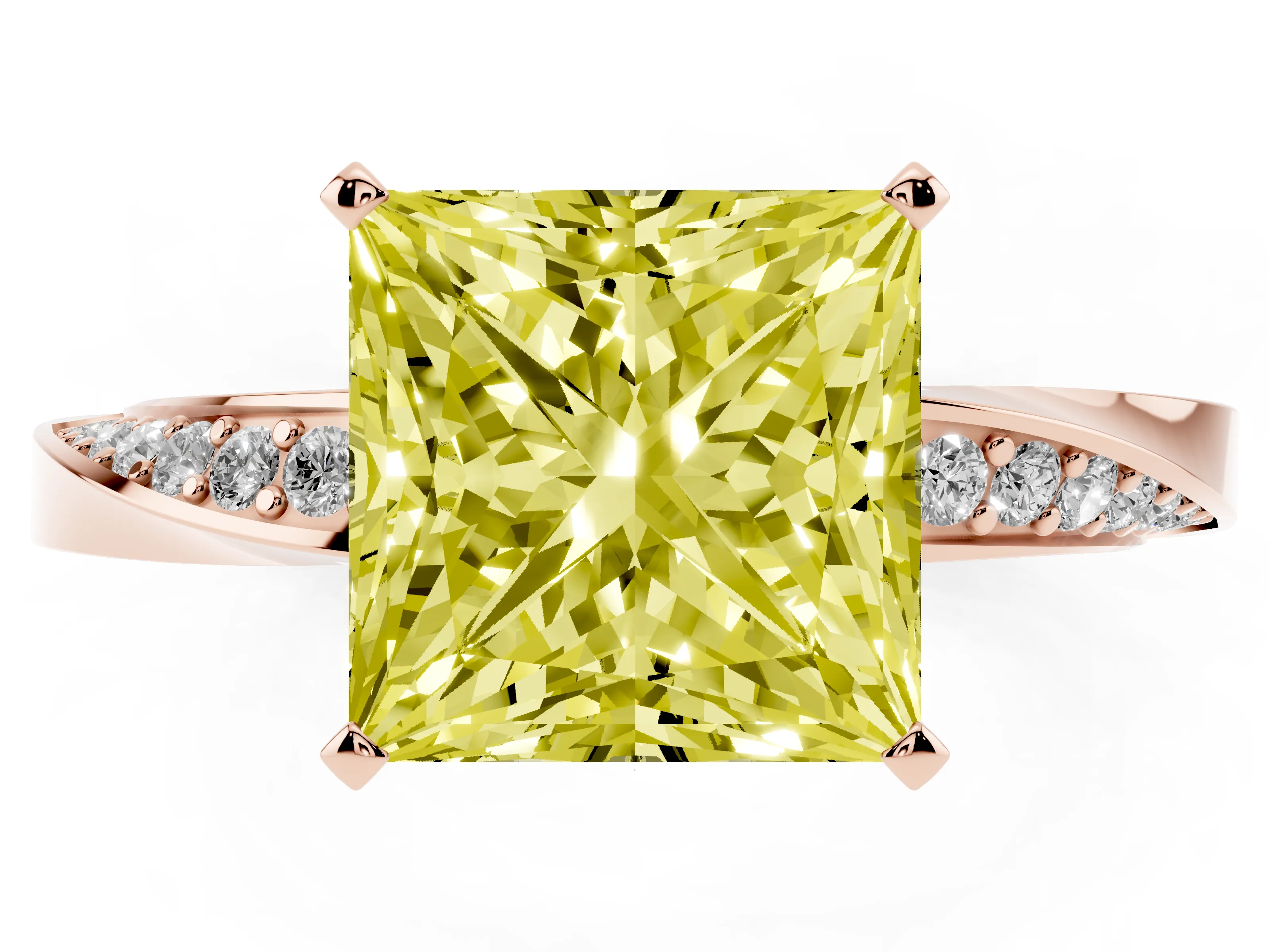 Fancy Yellow Princess Cut Diamond Engagement Ring Set in Rose gold with Side Stone Accents and Prong Setting