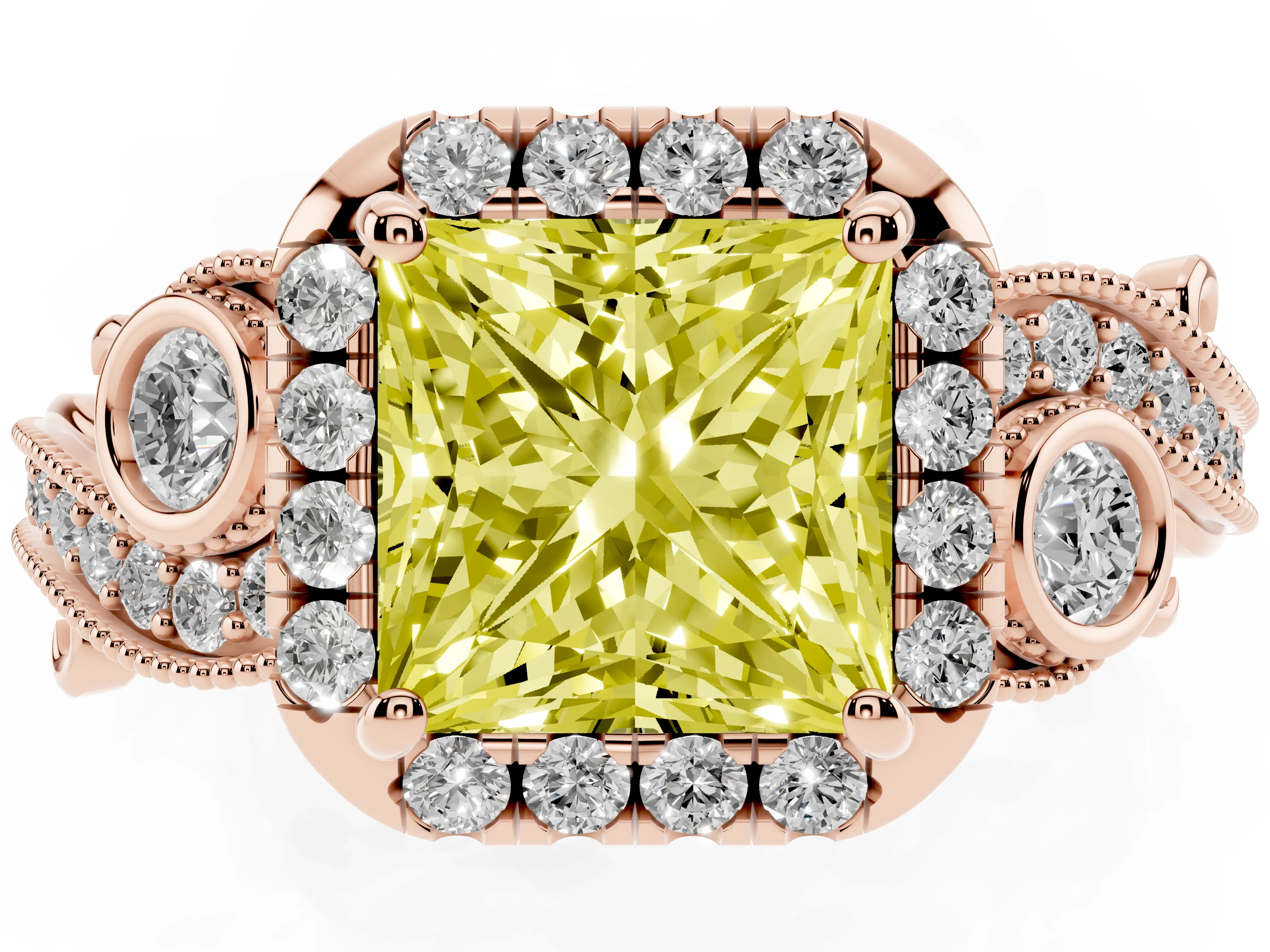 Fancy Yellow Princess Cut Diamond Halo Ring Set in Rose gold with Milgrain Pavé Band and Prong Setting