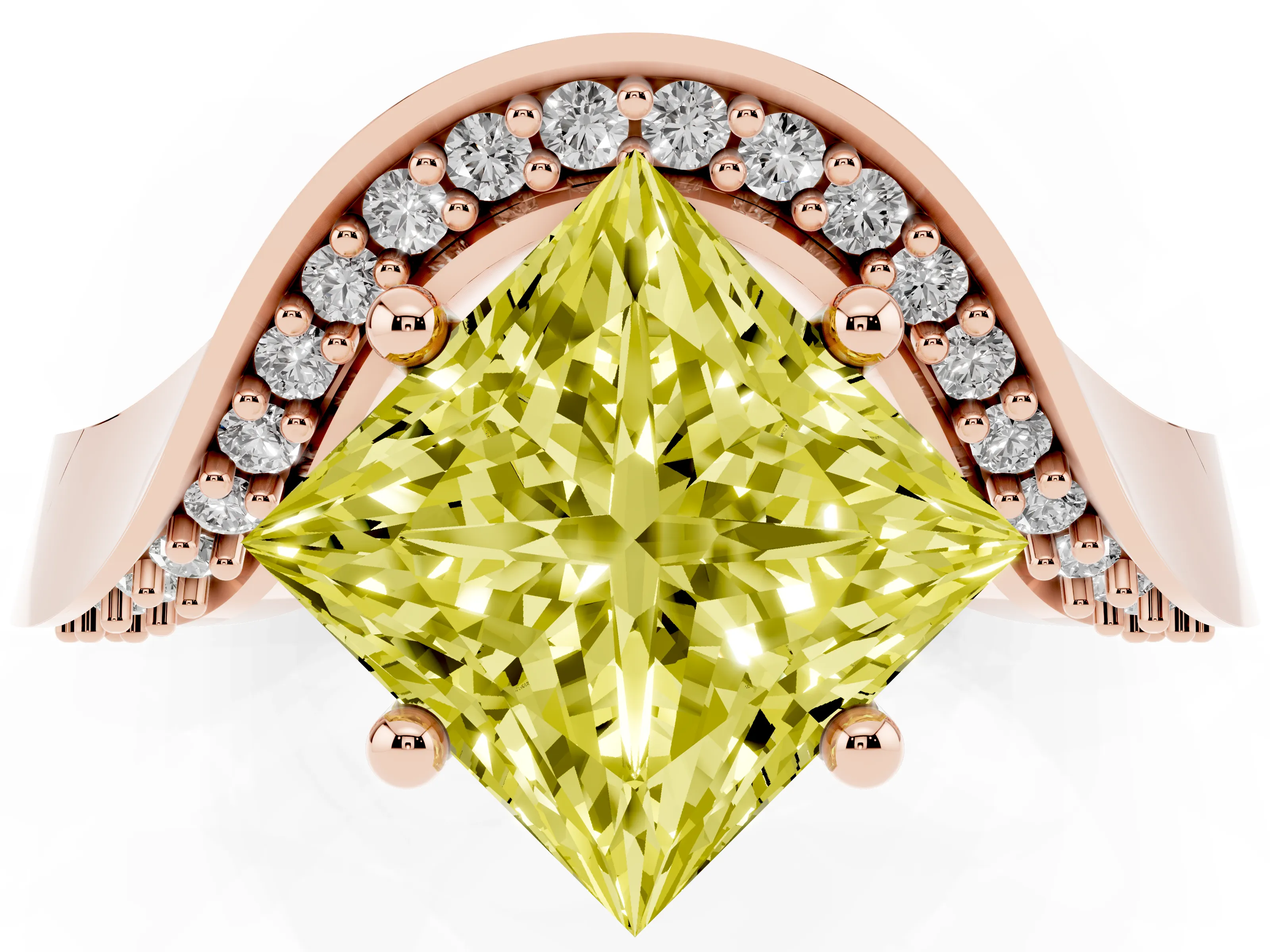 Fancy Yellow Princess Cut Diamond Solitaire Engagement Ring Set in Rose gold with Pavé Shoulders