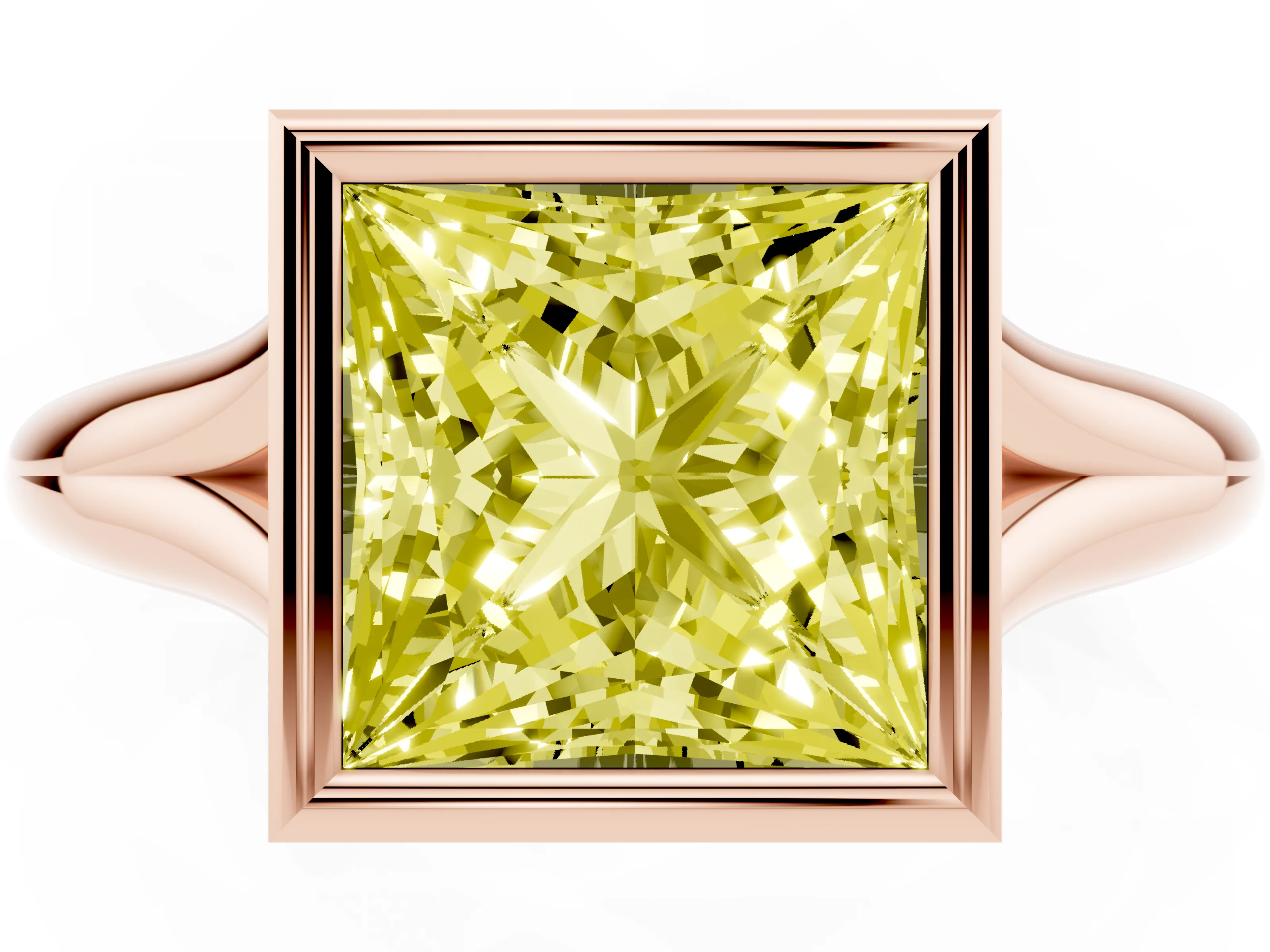Fancy Yellow Bezel Set Princess Cut Diamond Solitaire Ring Set in Rose gold with Smooth Band
