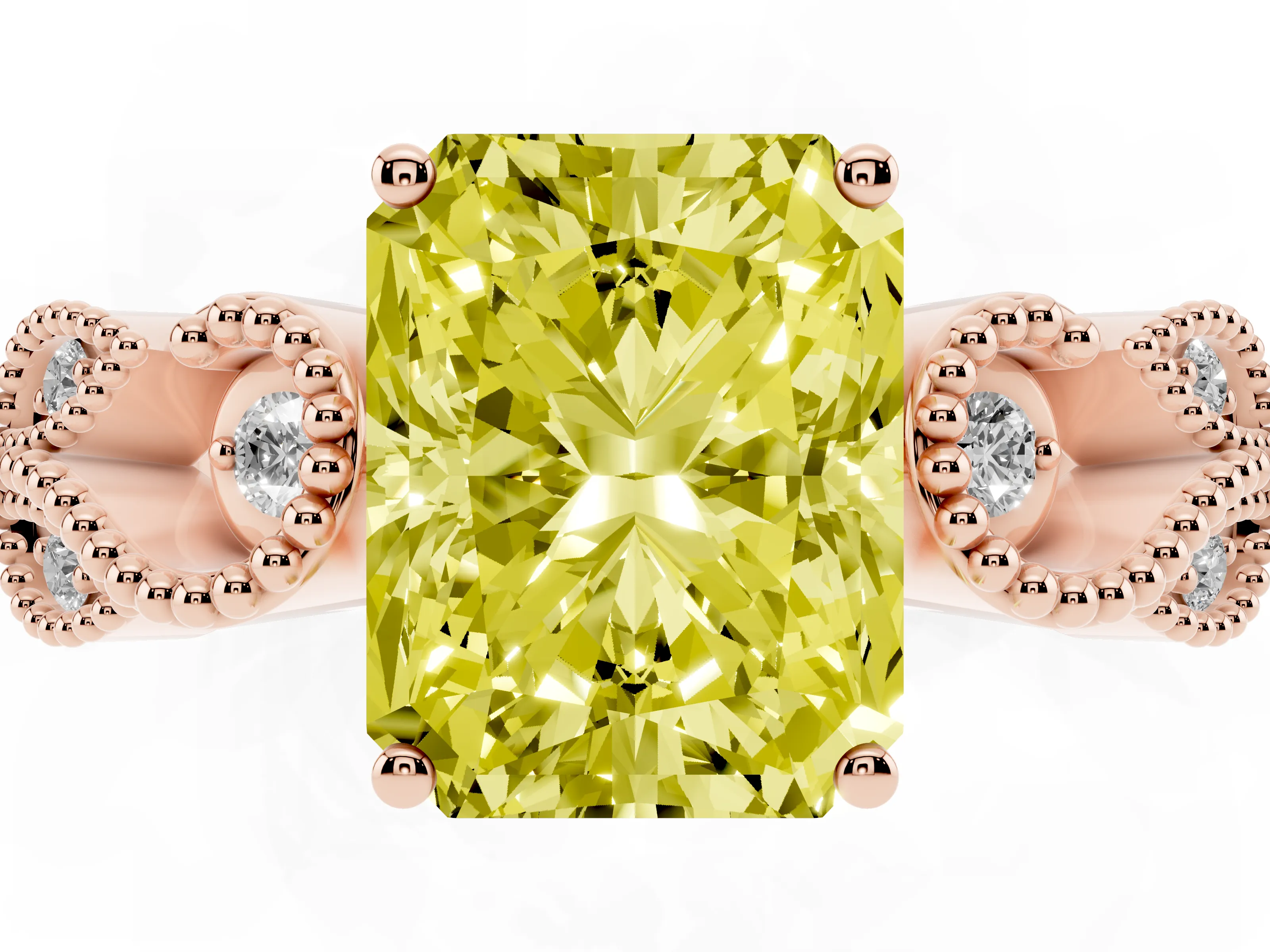 Fancy Yellow Princess Cut Diamond Milgrain Leaf Band Solitaire Ring Set in Rose gold with Accent Stones and Prong Setting