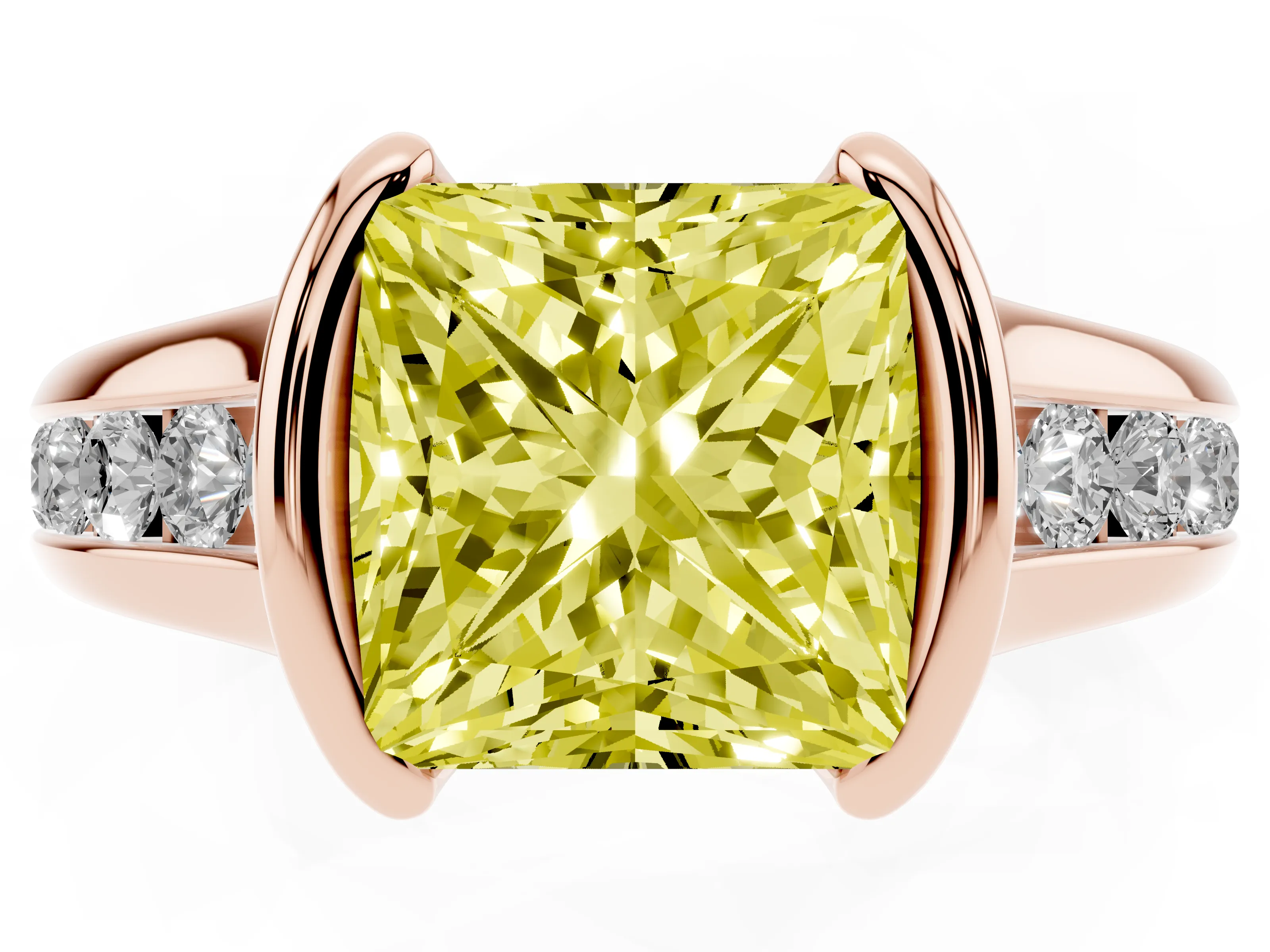 Fancy Yellow Princess Cut Diamond Bezel-Set Solitaire Ring Set in Rose gold with Channel-Set Band