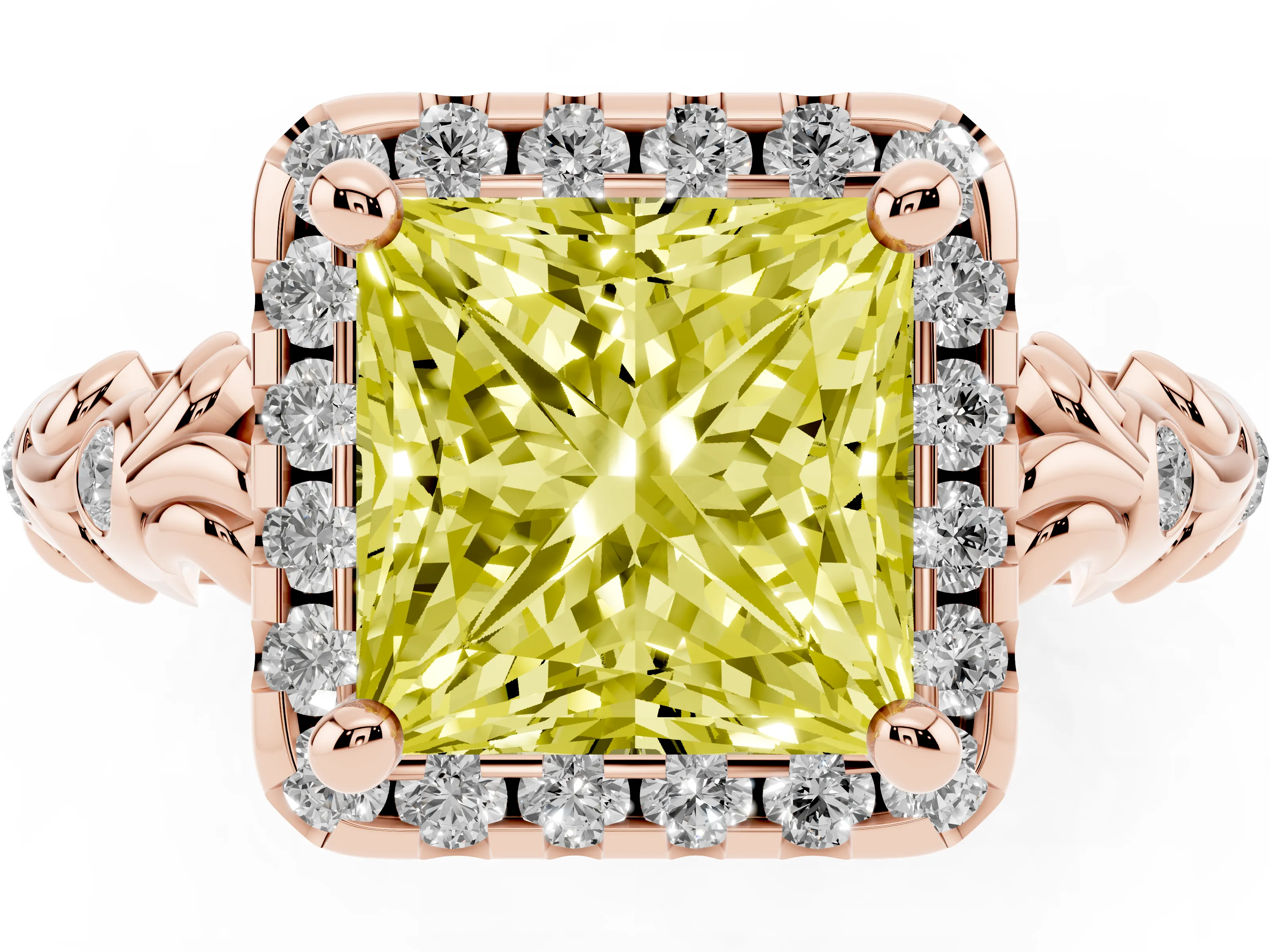 Fancy Yellow Princess Cut Diamond Halo Ring Set in Rose gold with Filigree Leaf Band and Prong Setting