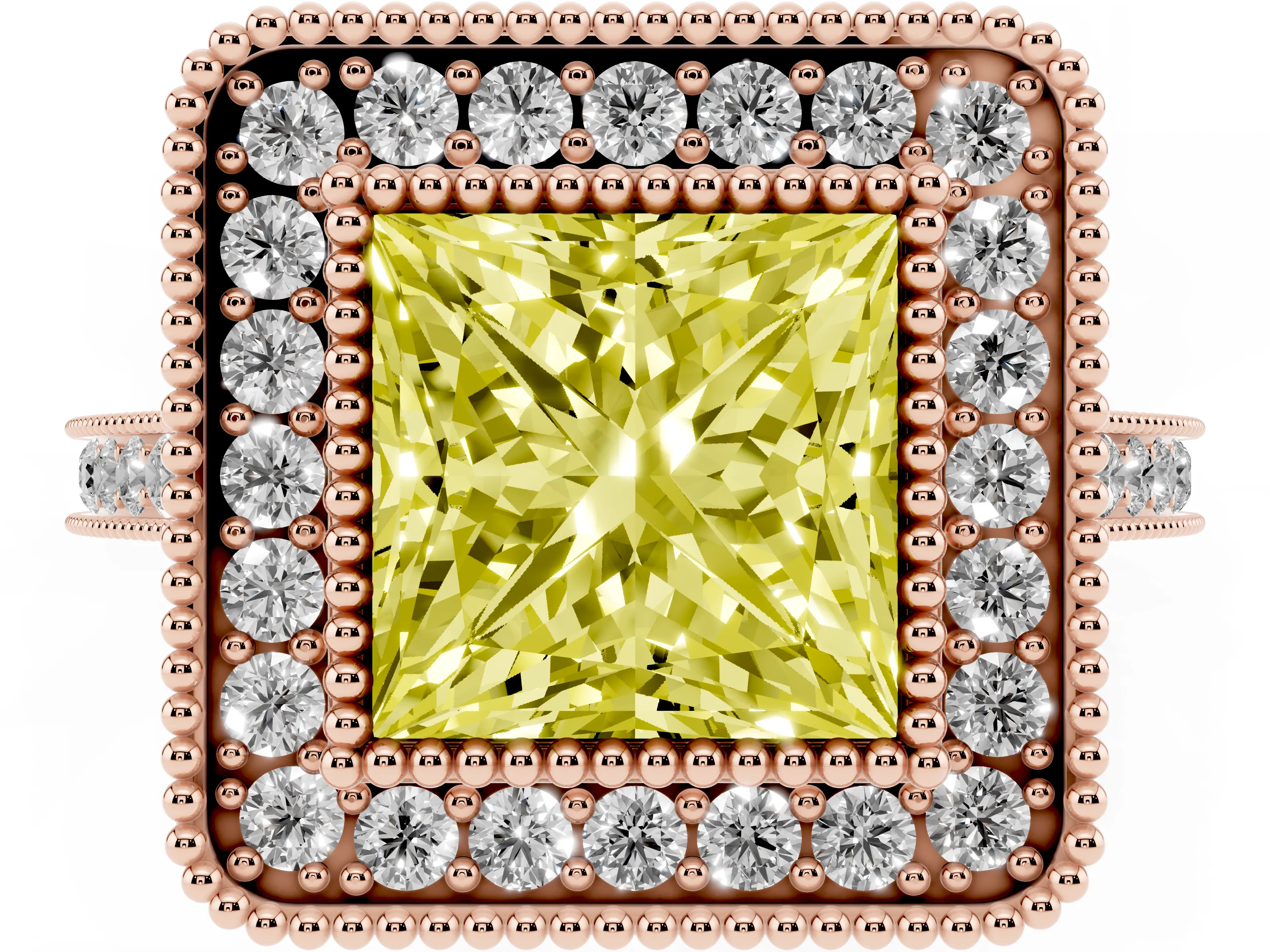 Fancy Yellow Princess Cut Diamond Halo Ring Set in Rose gold with Milgrain Frame and Pavé Band