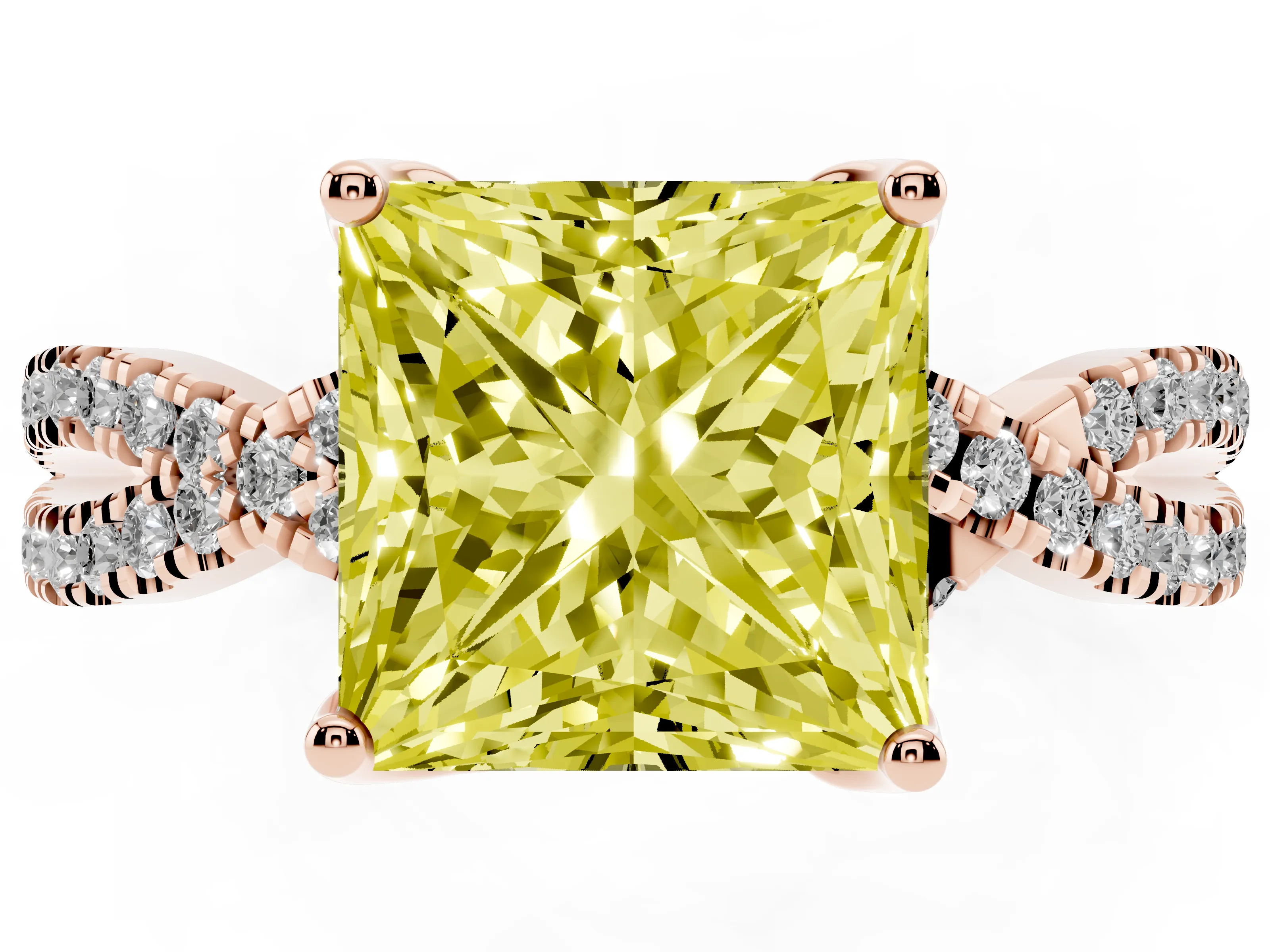 Fancy Yellow Princess Cut Diamond Twist Pavé Solitaire Engagement Ring Set in Rose gold with Prong Setting