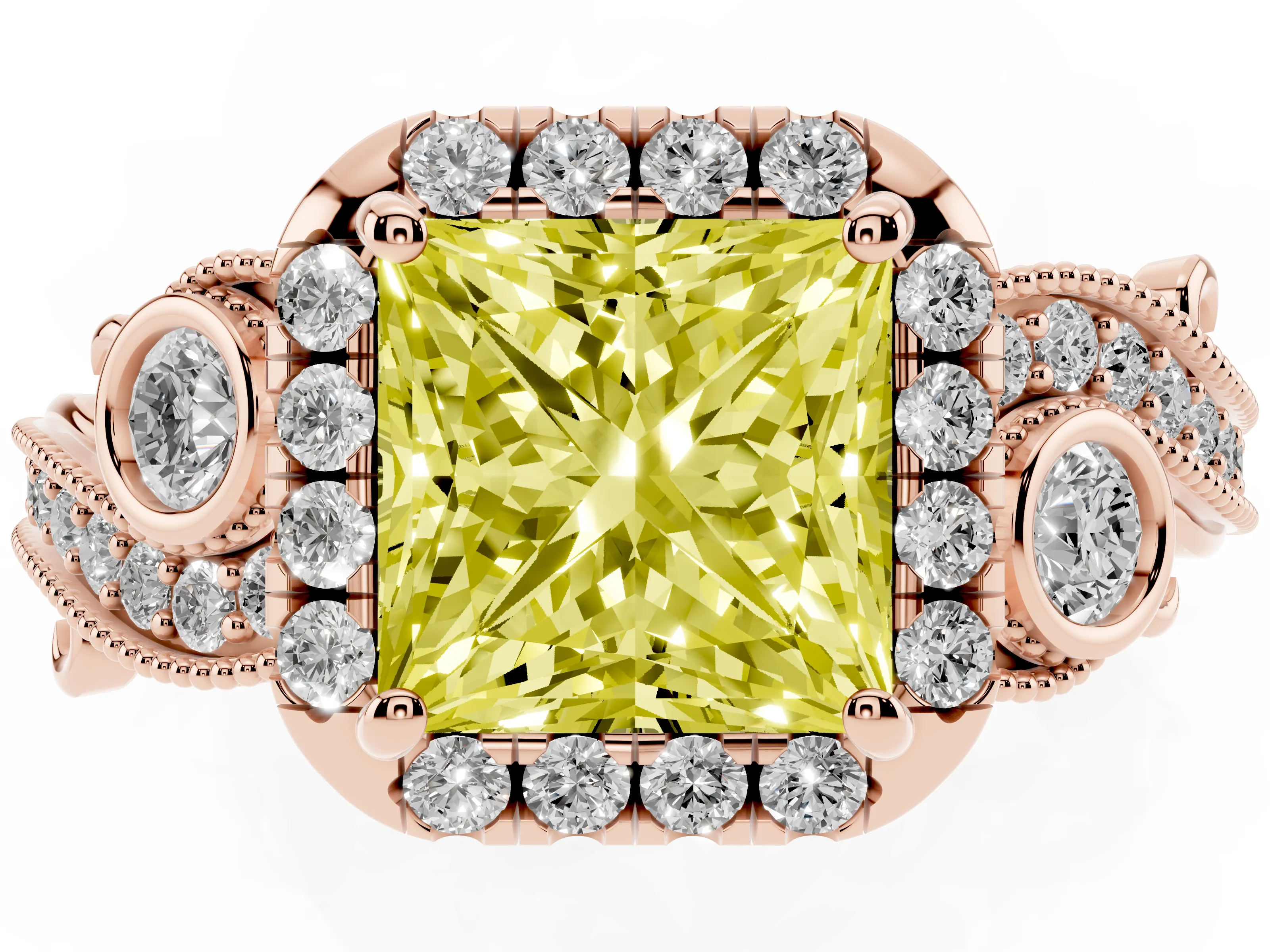 Fancy Yellow Princess Cut Diamond Halo Split Shank Ring Set in Rose gold with Milgrain and Bezel Accents