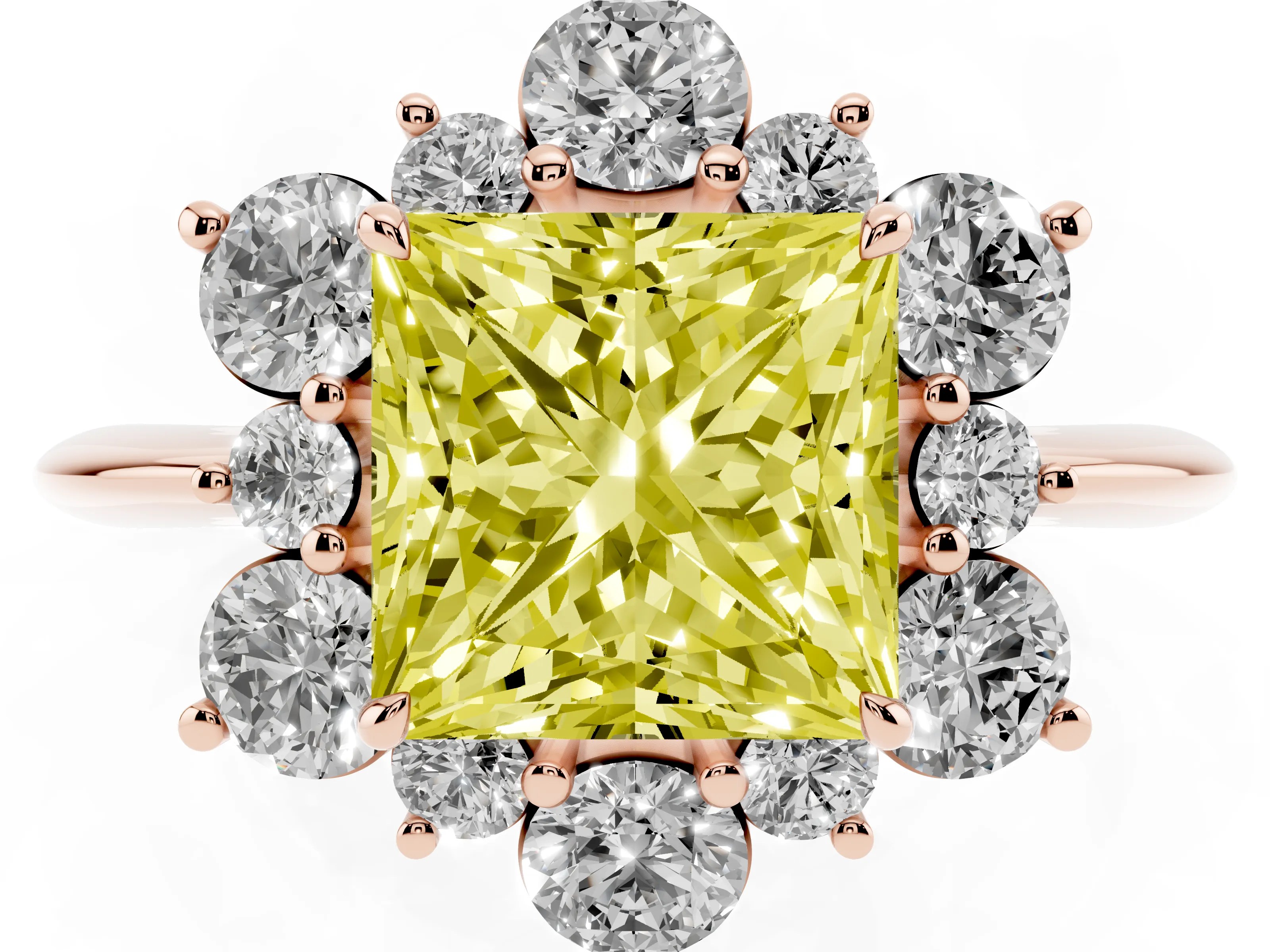 Fancy Yellow Princess Cut Diamond Cluster Halo Ring Set in Rose gold with Solitaire Band and Prong Setting