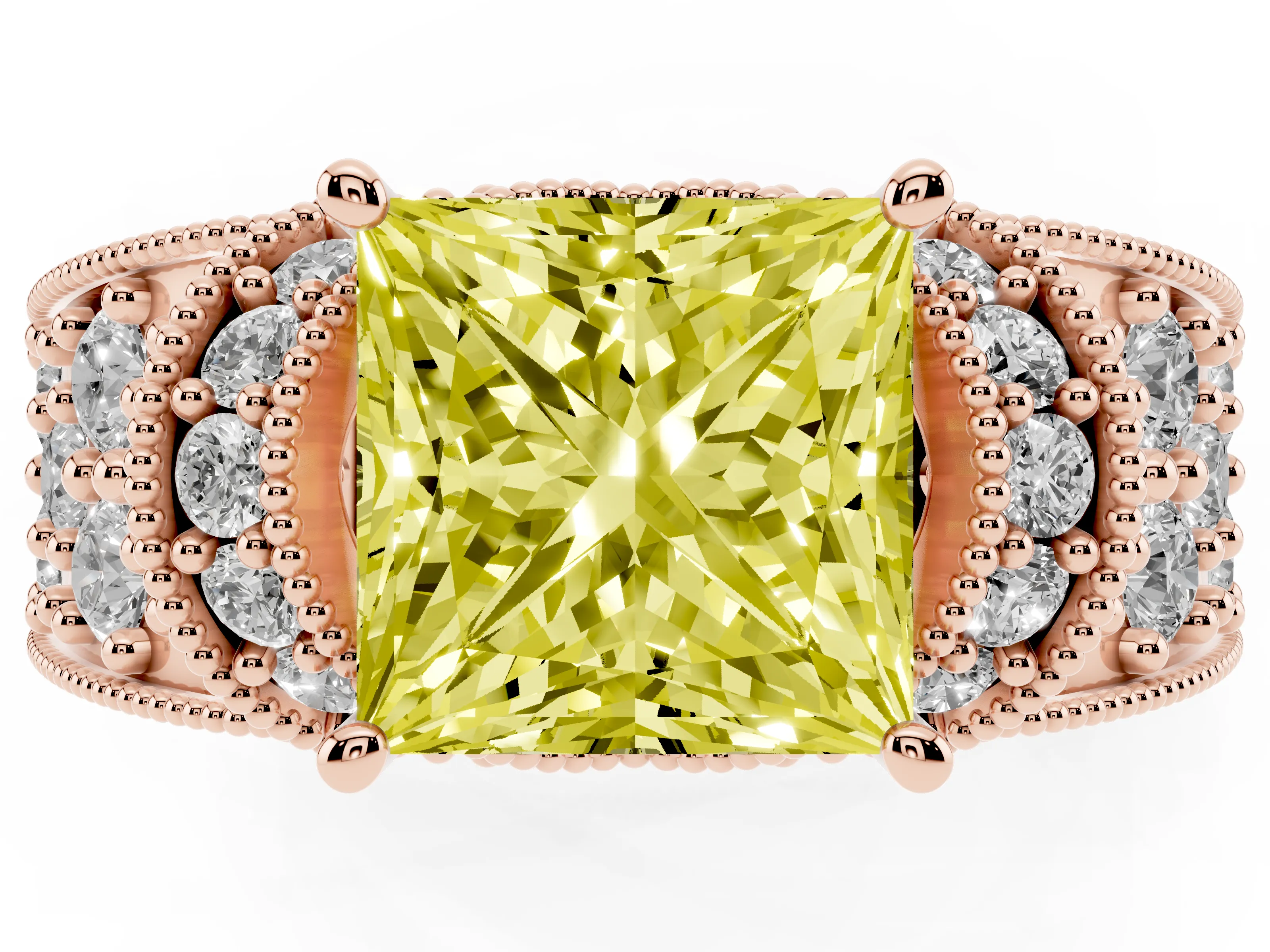 Fancy Yellow Princess Cut Diamond Milgrain Halo Pavé Engagement Ring Set in Rose gold with Prong Setting