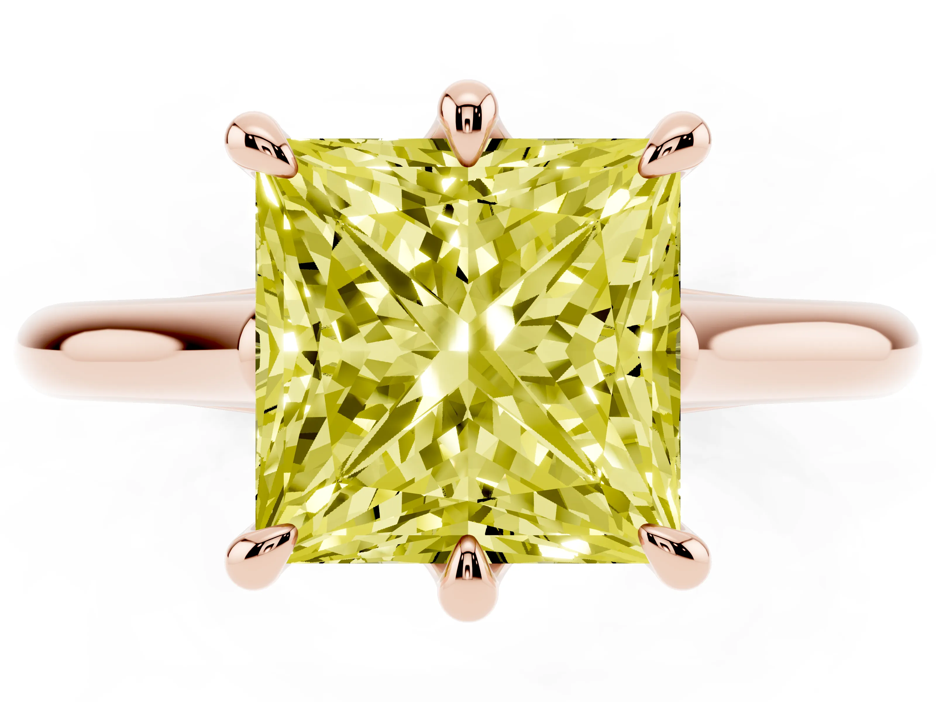 Fancy Yellow Princess Cut Diamond Solitaire Engagement Ring Set in Rose gold with Prong Setting and Plain Classic Band