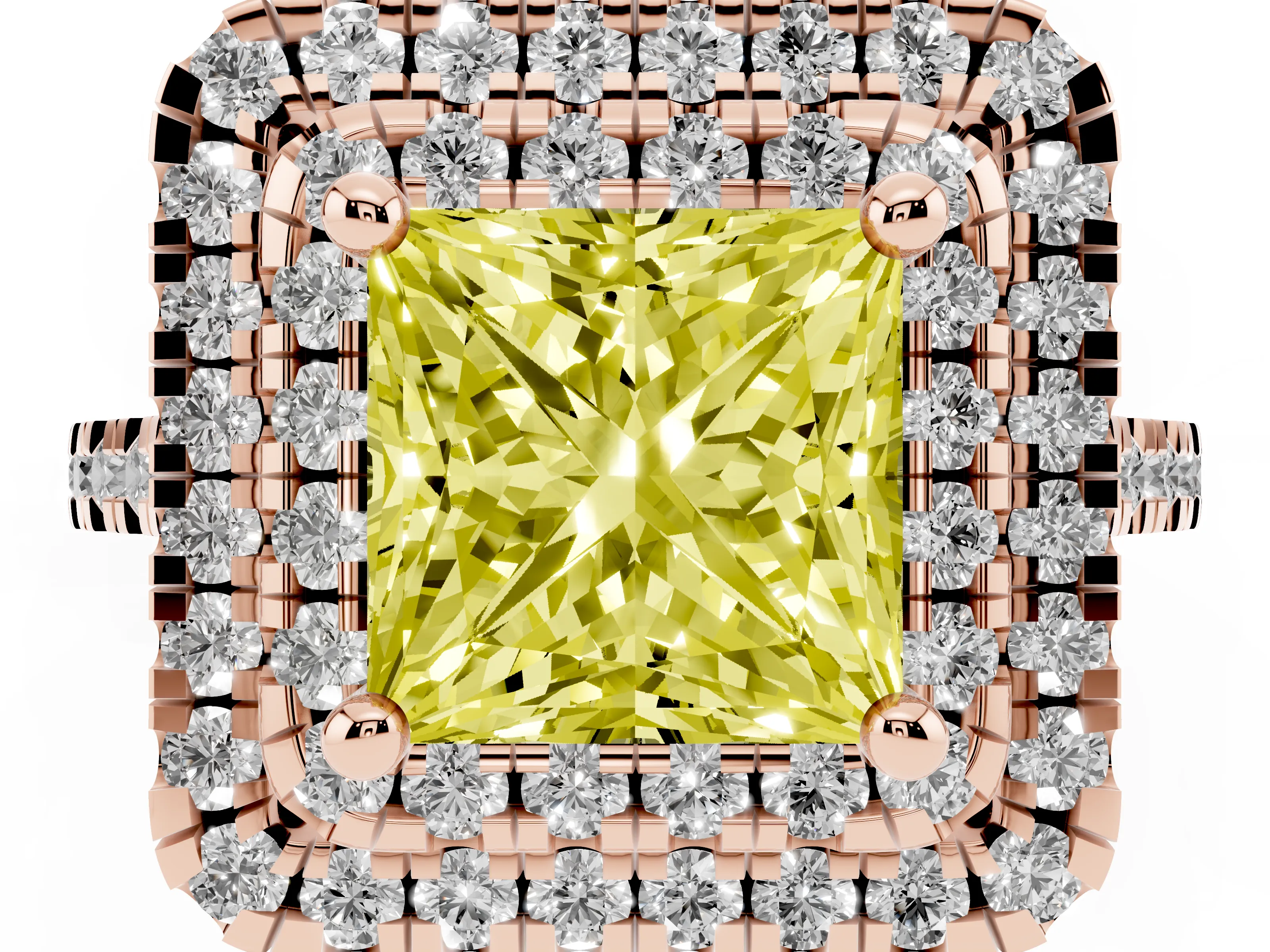 Fancy Yellow Princess Cut Diamond Double Halo Statement Ring Set in Rose gold with Pavé Band