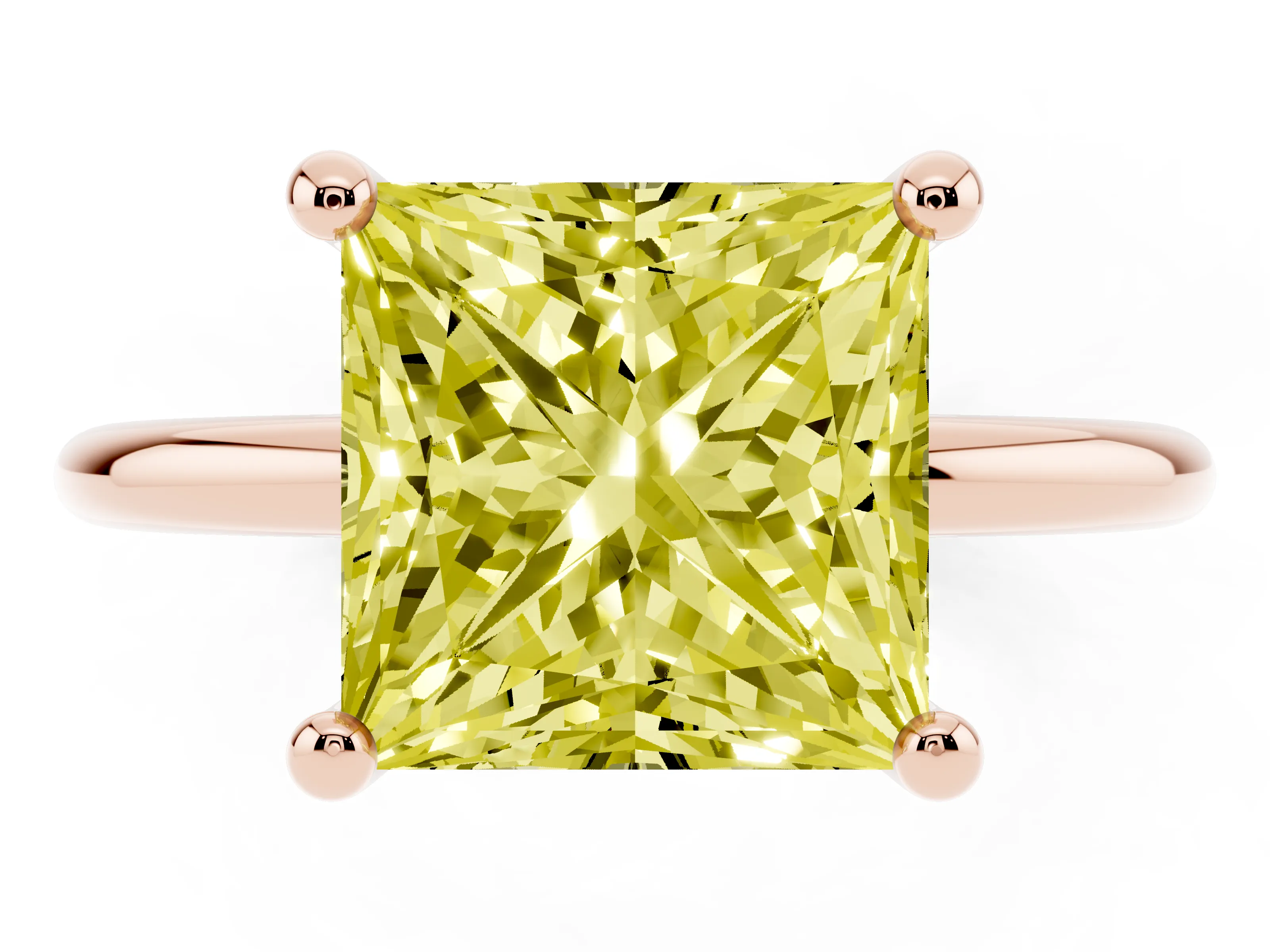 Fancy Yellow Princess Cut Diamond Solitaire Ring Set in Rose gold with Secure Prong Setting on a Classic Band