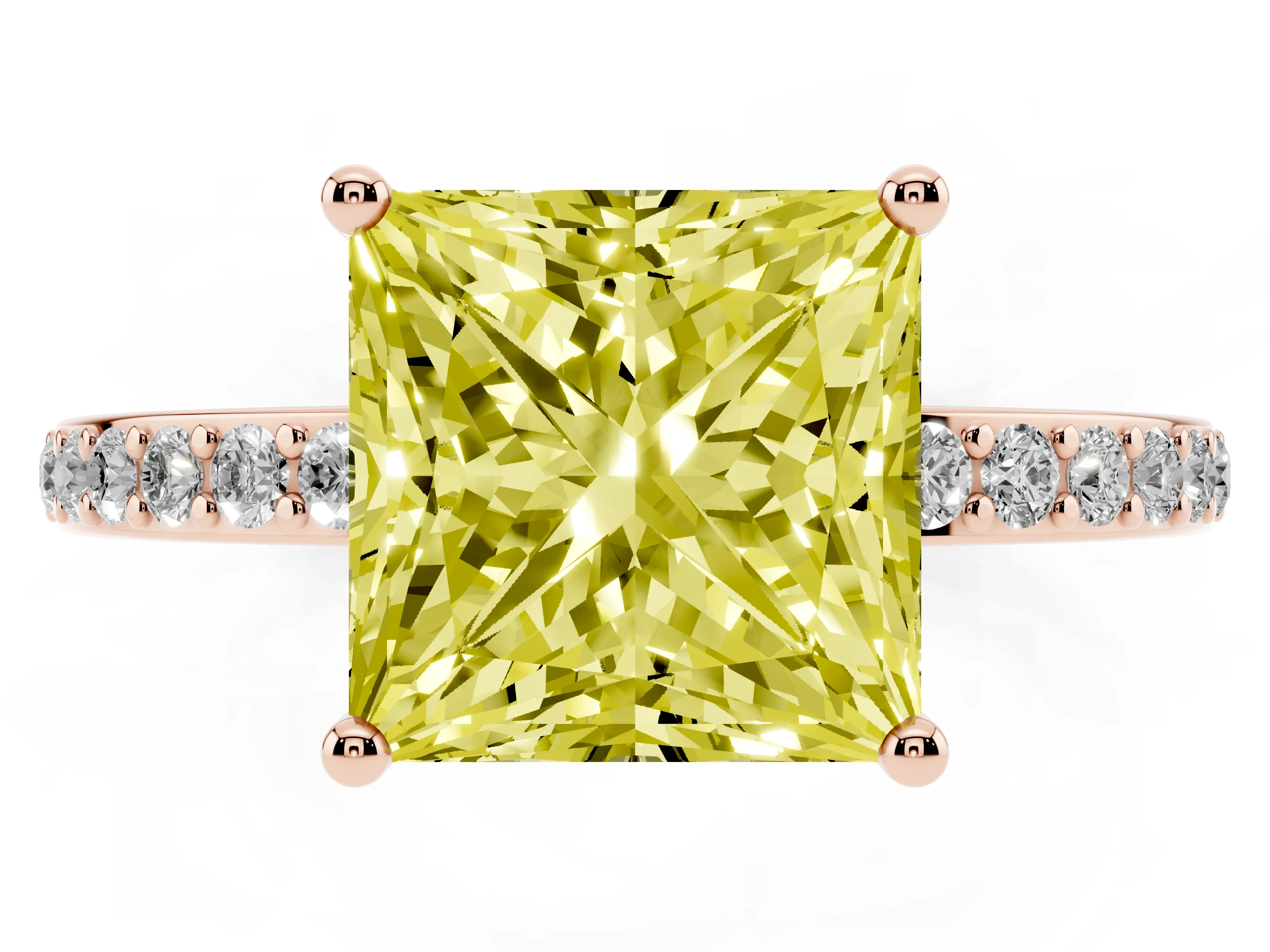 Fancy Yellow Princess Cut Diamond Pavé Band Ring Set in Rose gold with Prong-Set Center Stone