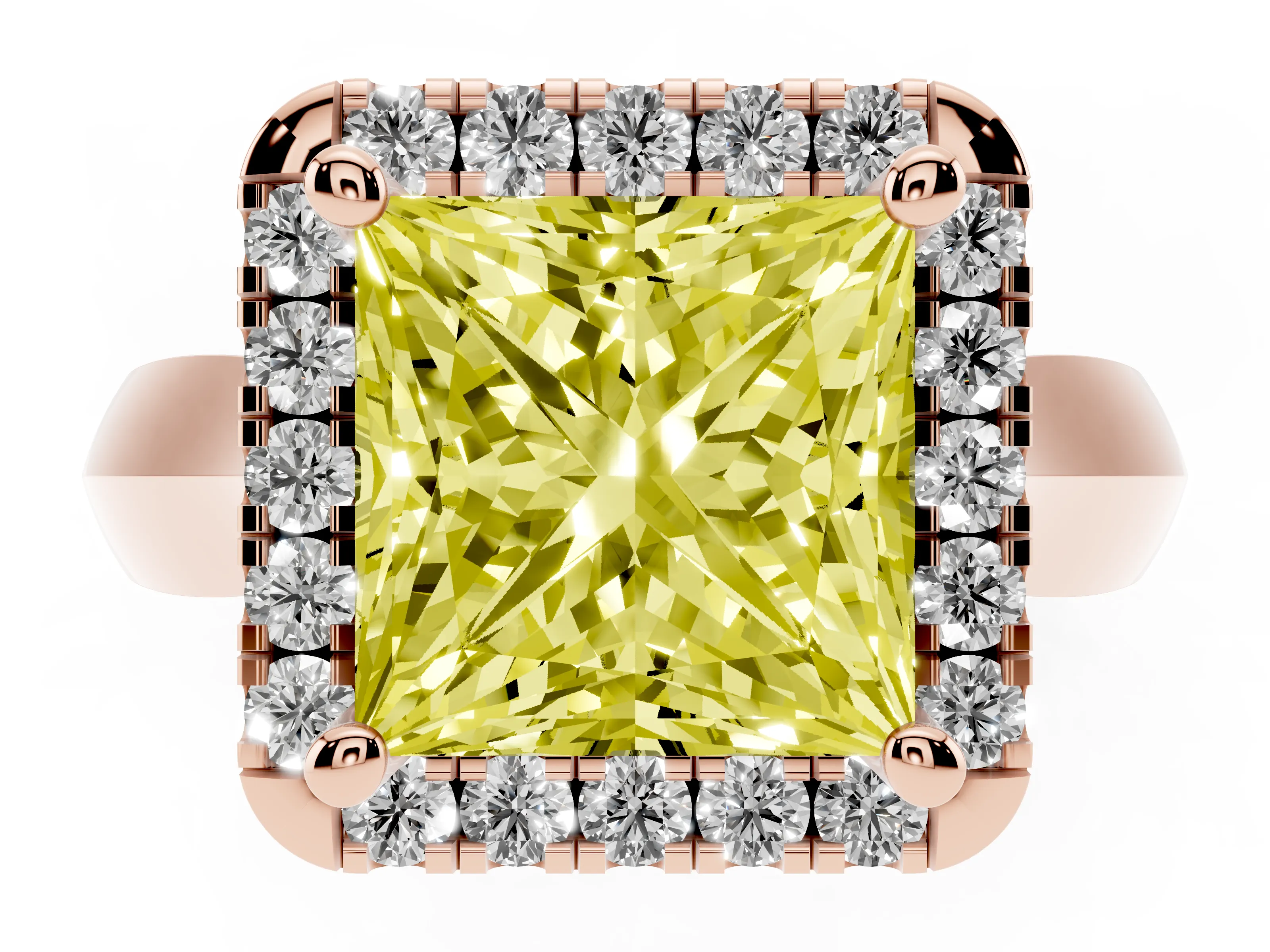 Fancy Yellow Princess Cut Diamond Halo Solitaire Engagement Ring Set in Rose gold with Square Band and Prong Setting