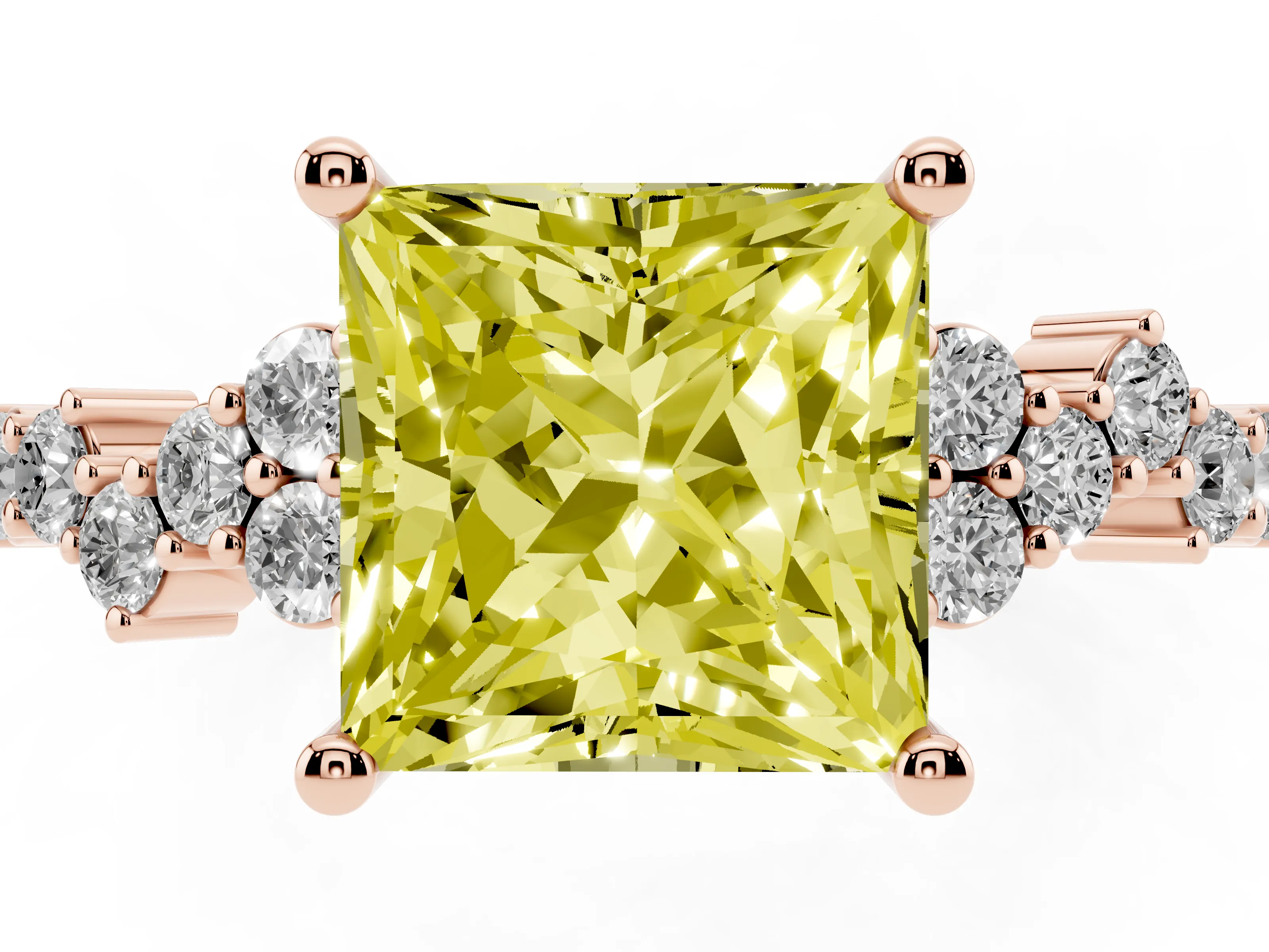 Fancy Yellow Princess Cut Diamond Ring Set in Rose gold with Scattered Round Accents