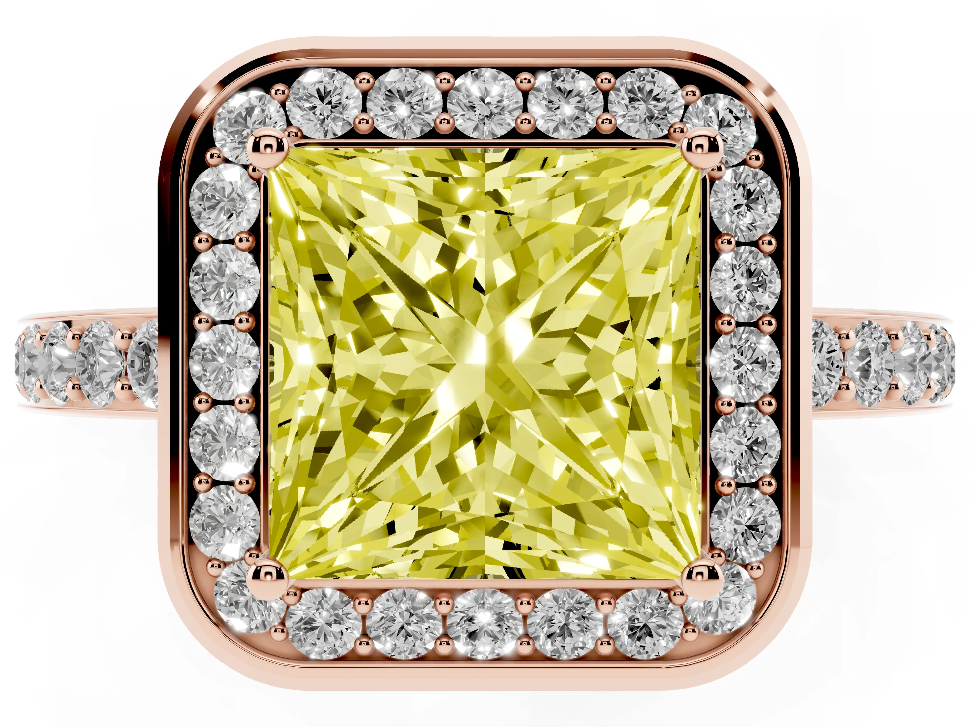 Fancy Yellow Princess Cut Diamond Halo Ring Set in Rose gold with Bezel Frame and Pavé Band