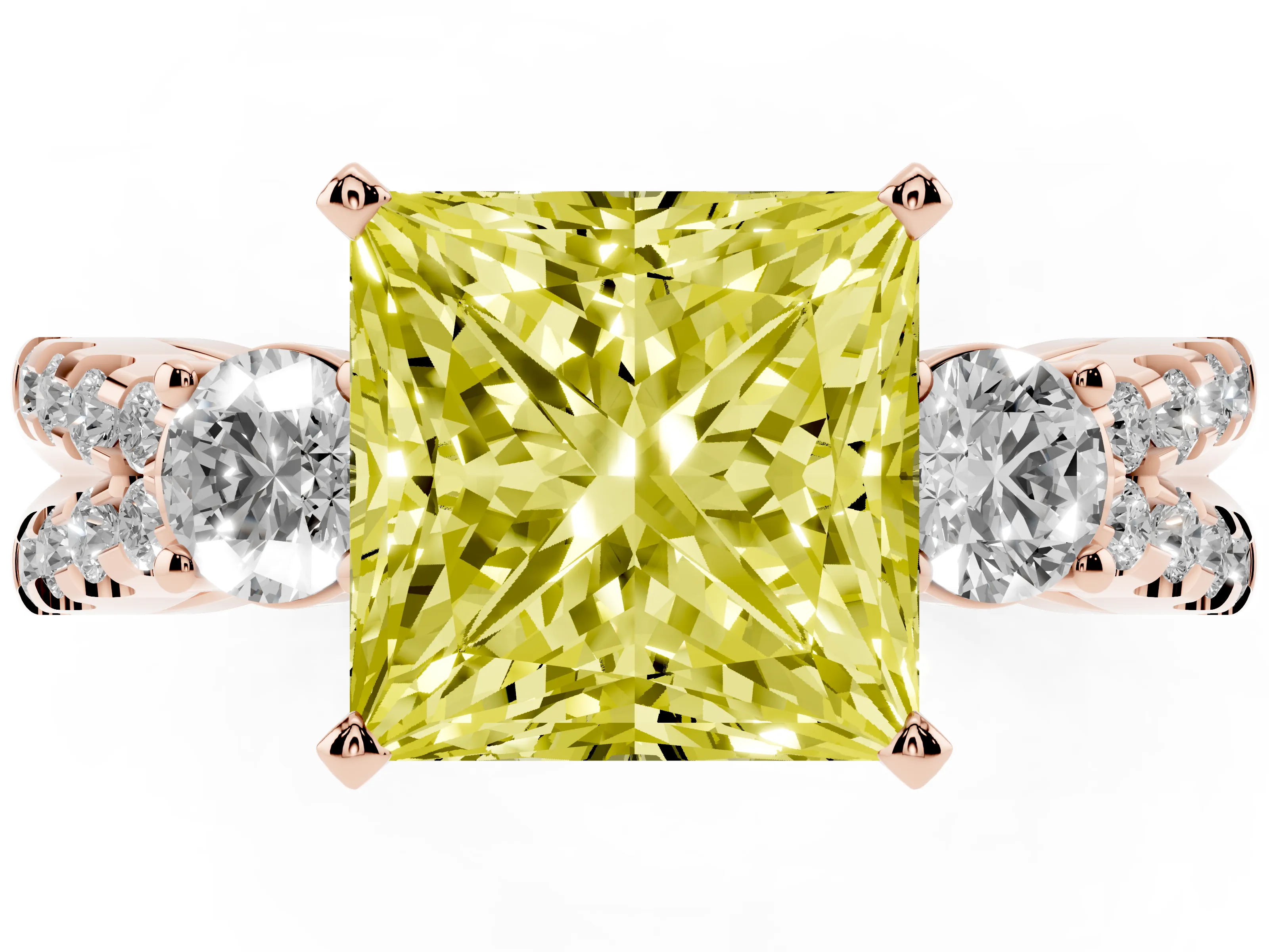 Fancy Yellow Princess Cut Diamond Three-Stone Ring Set in Rose gold with Pavé Split Shank and Prong Setting
