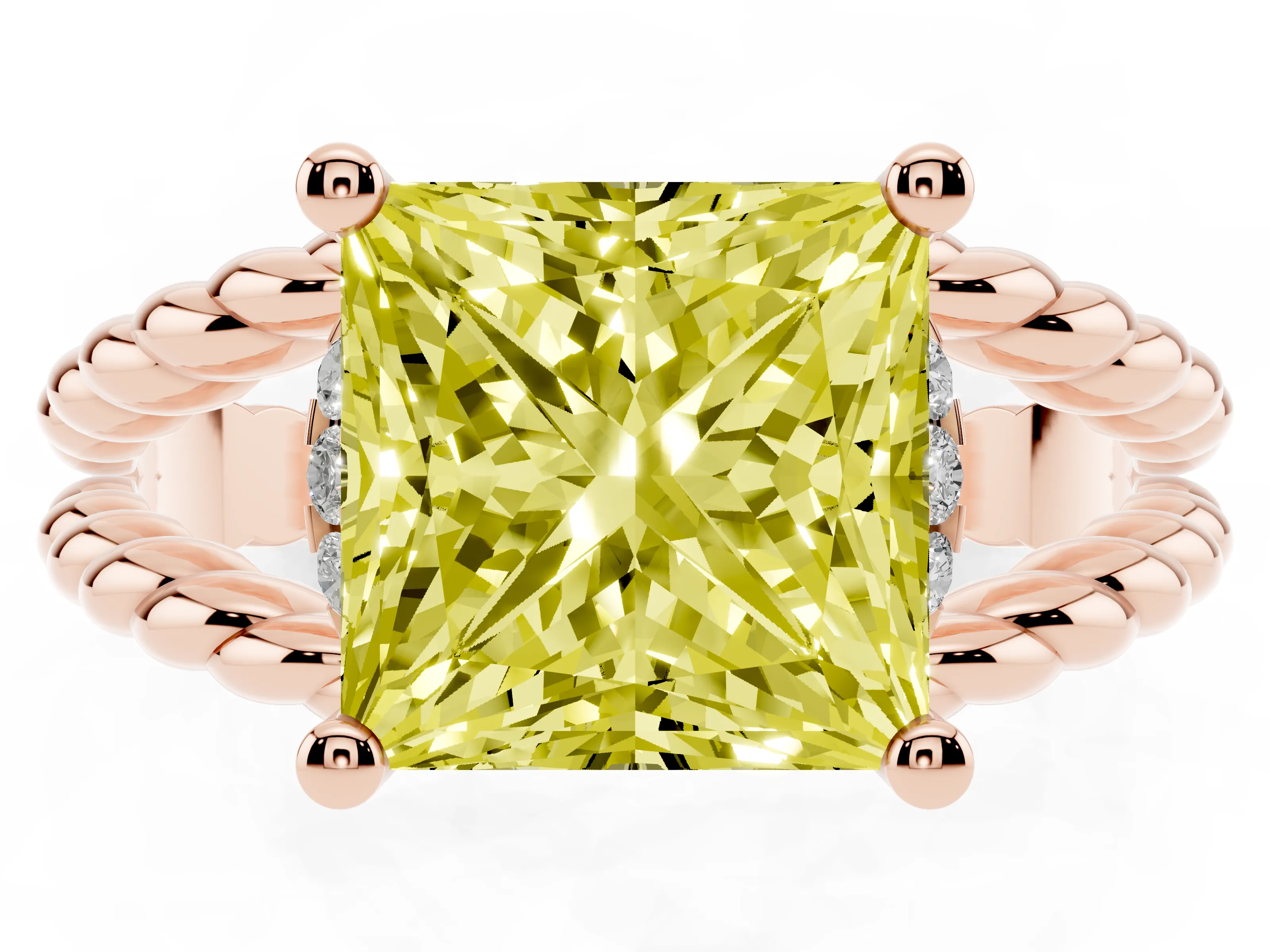 Fancy Yellow Princess Cut Diamond Halo Ring Set in Rose gold with Twisted Band and Prong Setting