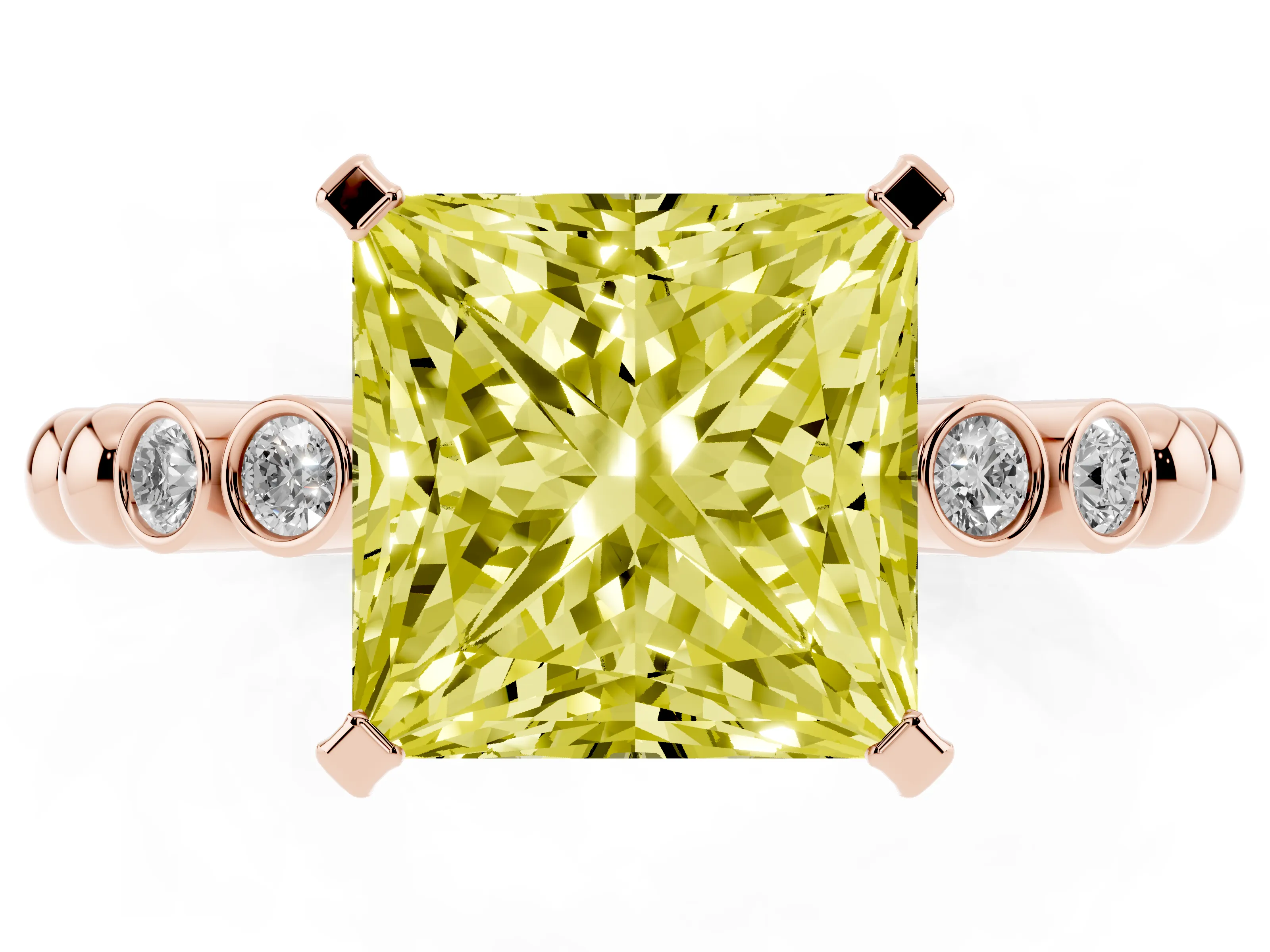 Fancy Yellow Princess Cut Diamond Solitaire Engagement Ring Set in Rose gold with Bezel Accents on Beaded Band