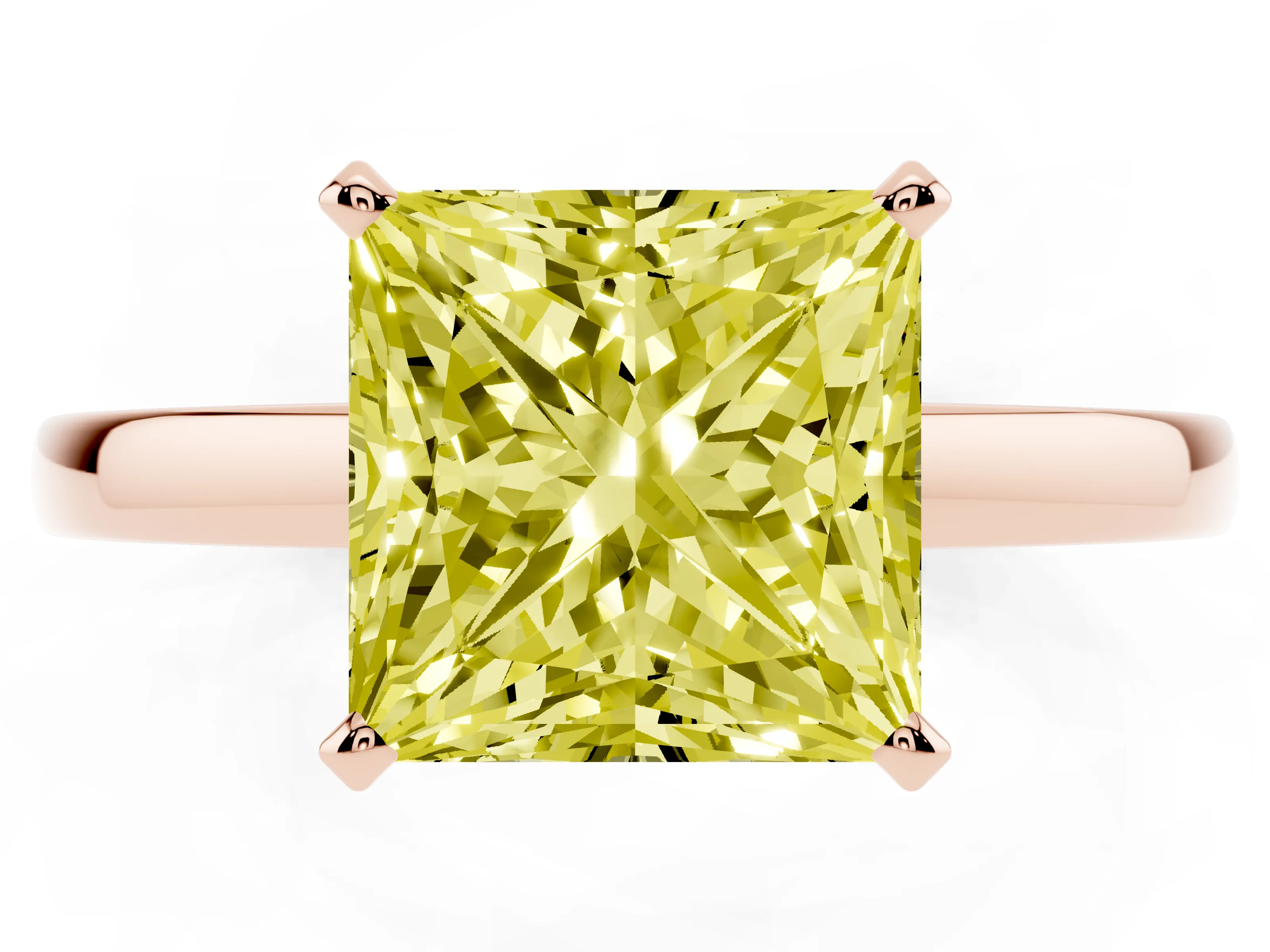 Fancy Yellow Princess Cut Diamond Solitaire Engagement Ring Set in Rose gold with Prong Setting on a Classic Band