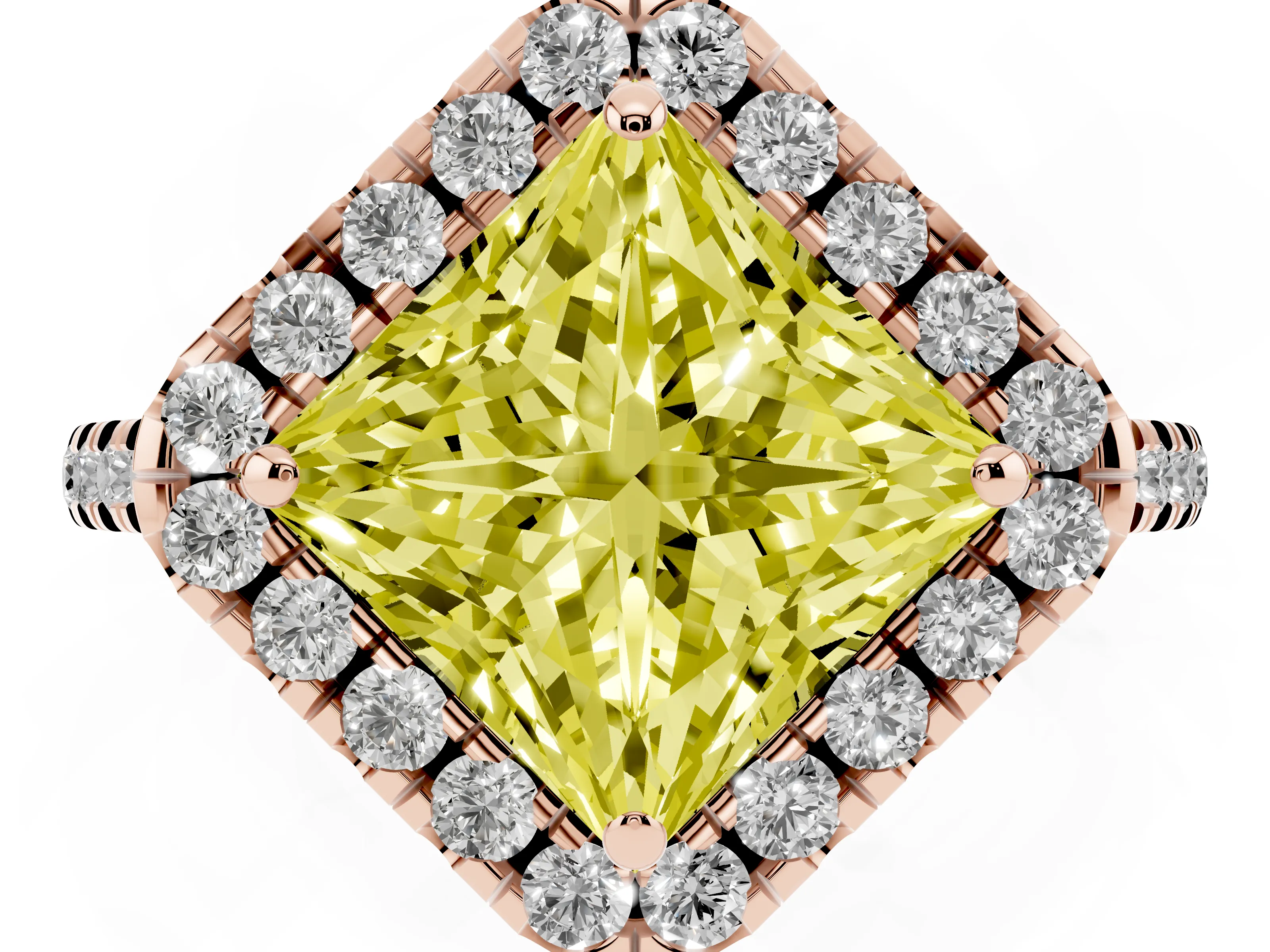 Fancy Yellow Princess Cut Diamond Cushion Halo Ring Set in Rose gold with Pavé Band