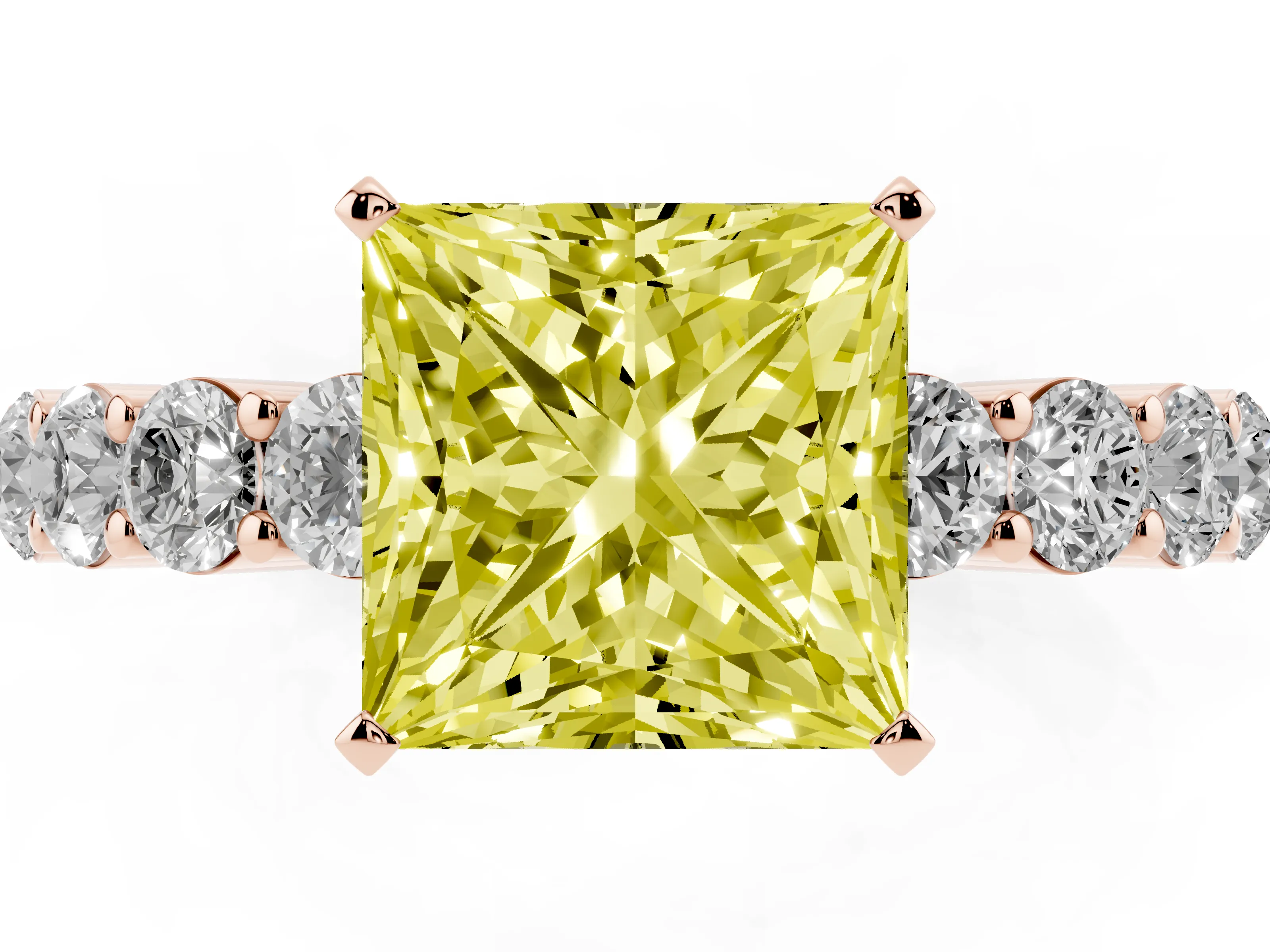 Fancy Yellow Princess Cut Diamond Solitaire Ring Set in Rose gold with Shared Prong Round Side Stones