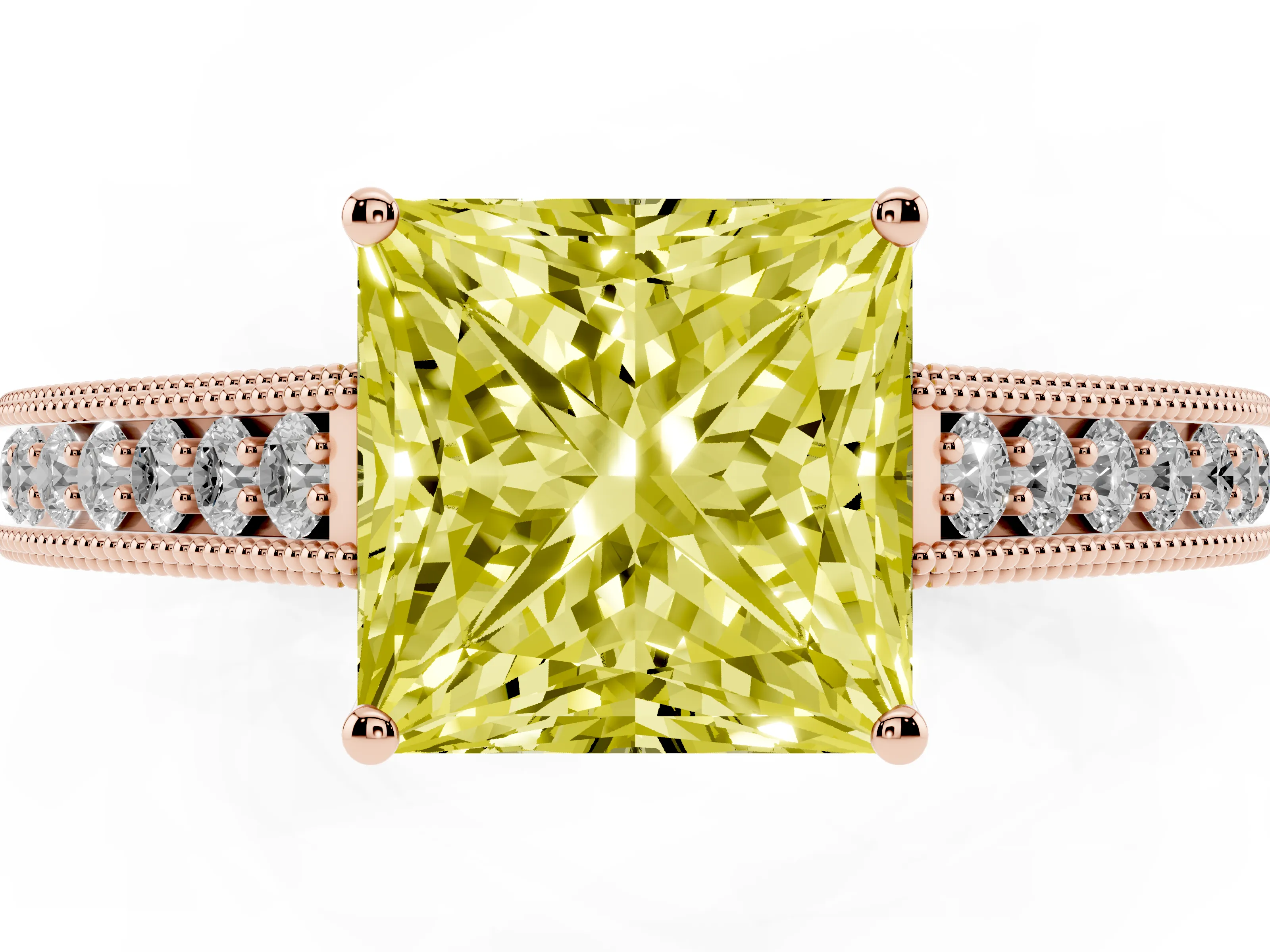 Fancy Yellow Princess Cut Diamond Milgrain Pavé Band Solitaire Ring Set in Rose gold with Prong Setting