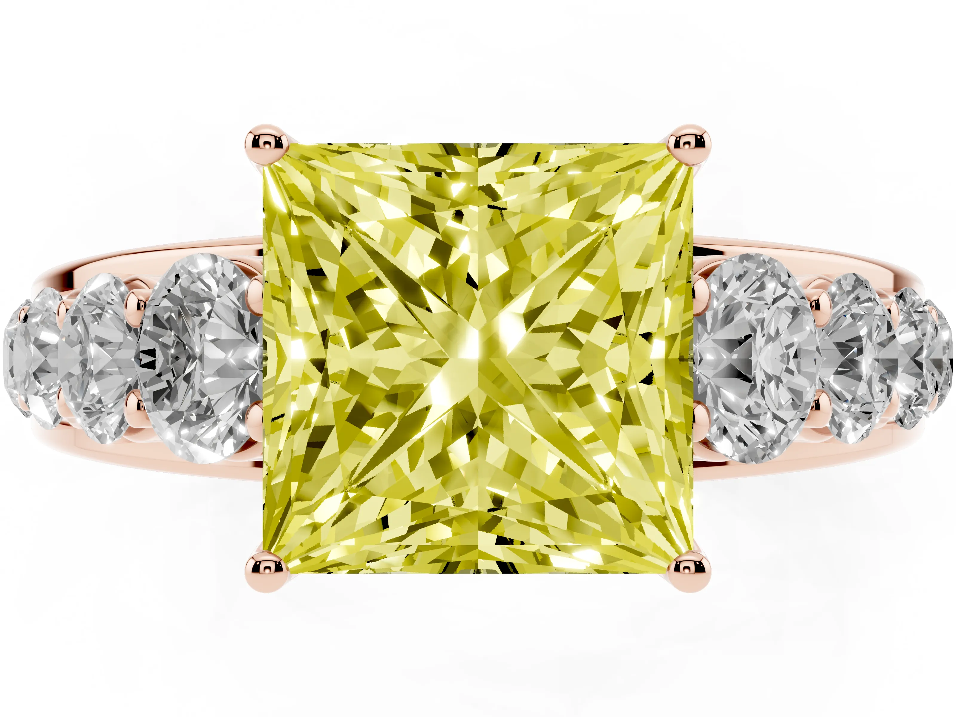 Fancy Yellow Princess Cut Diamond Solitaire Ring Set in Rose gold with Pavé-Set Band and Prong Setting