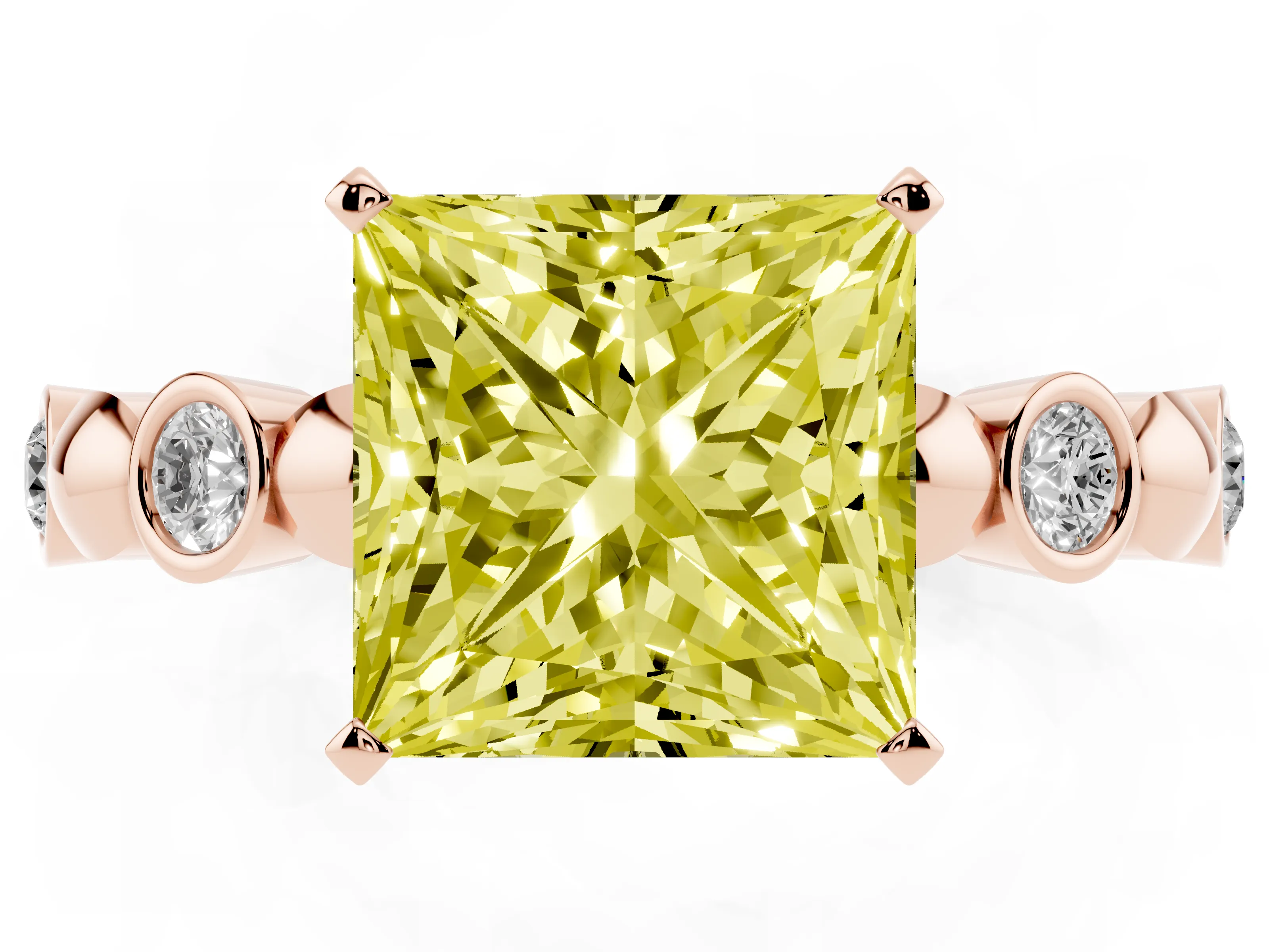 Fancy Yellow Princess Cut Diamond Solitaire Ring Set in Rose gold with Bezel-Set Accents on Beaded Band and Prong Setting