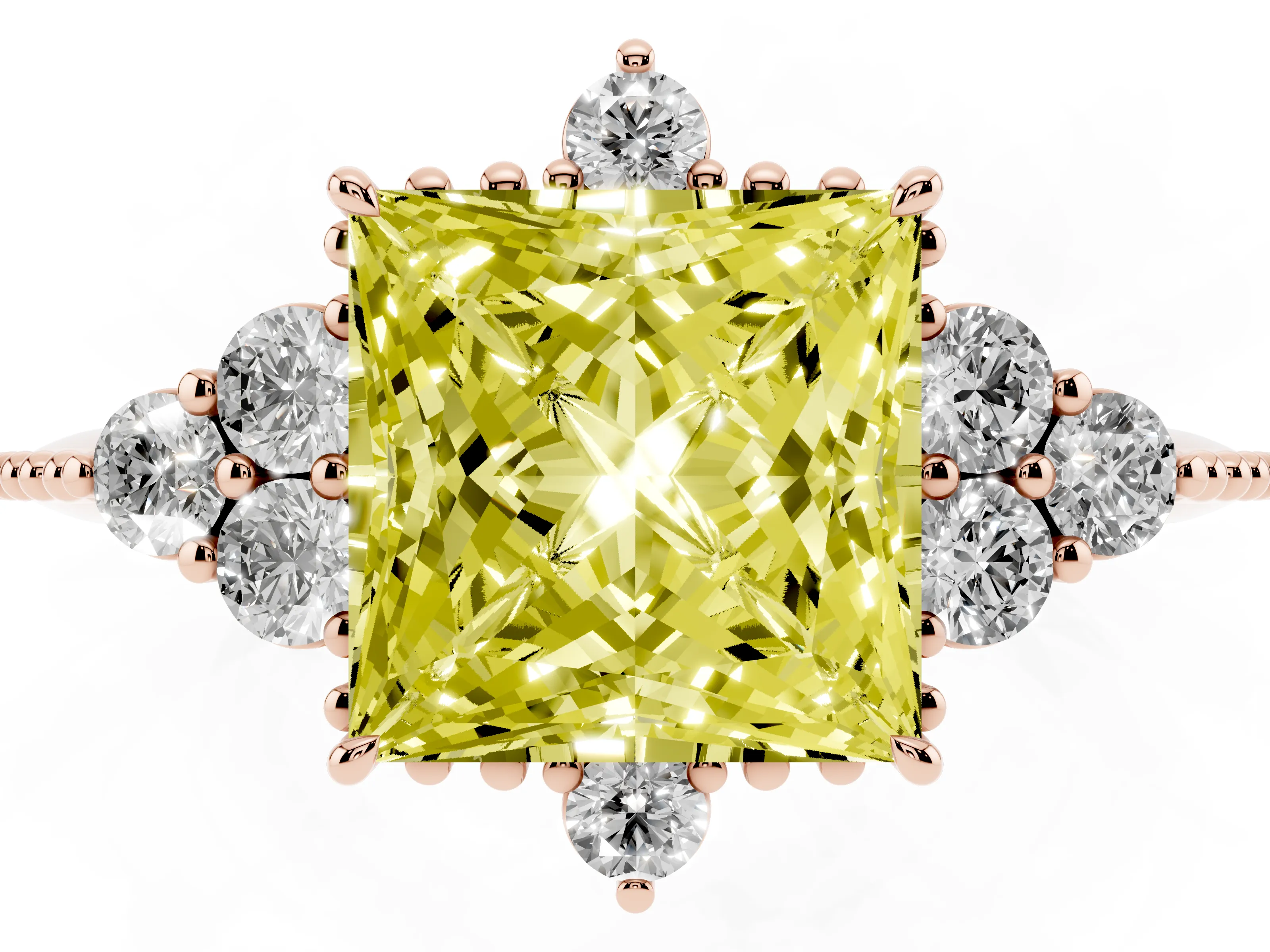 Fancy Yellow Princess Cut Diamond Cluster Ring Set in Rose gold with Beaded Band