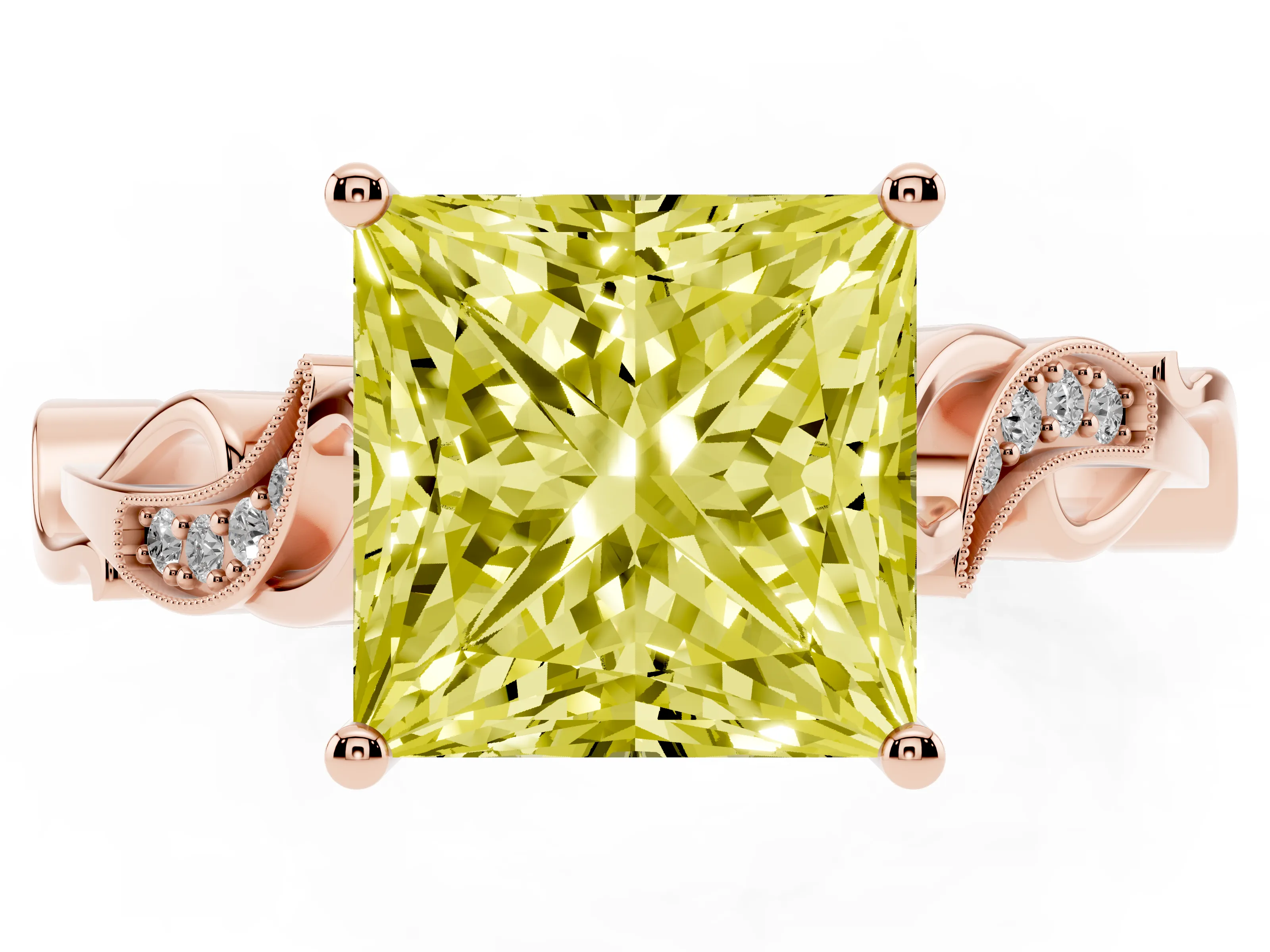 Fancy Yellow Princess Cut Diamond Vine Band Solitaire Ring Set in Rose gold with Milgrain Prong Setting
