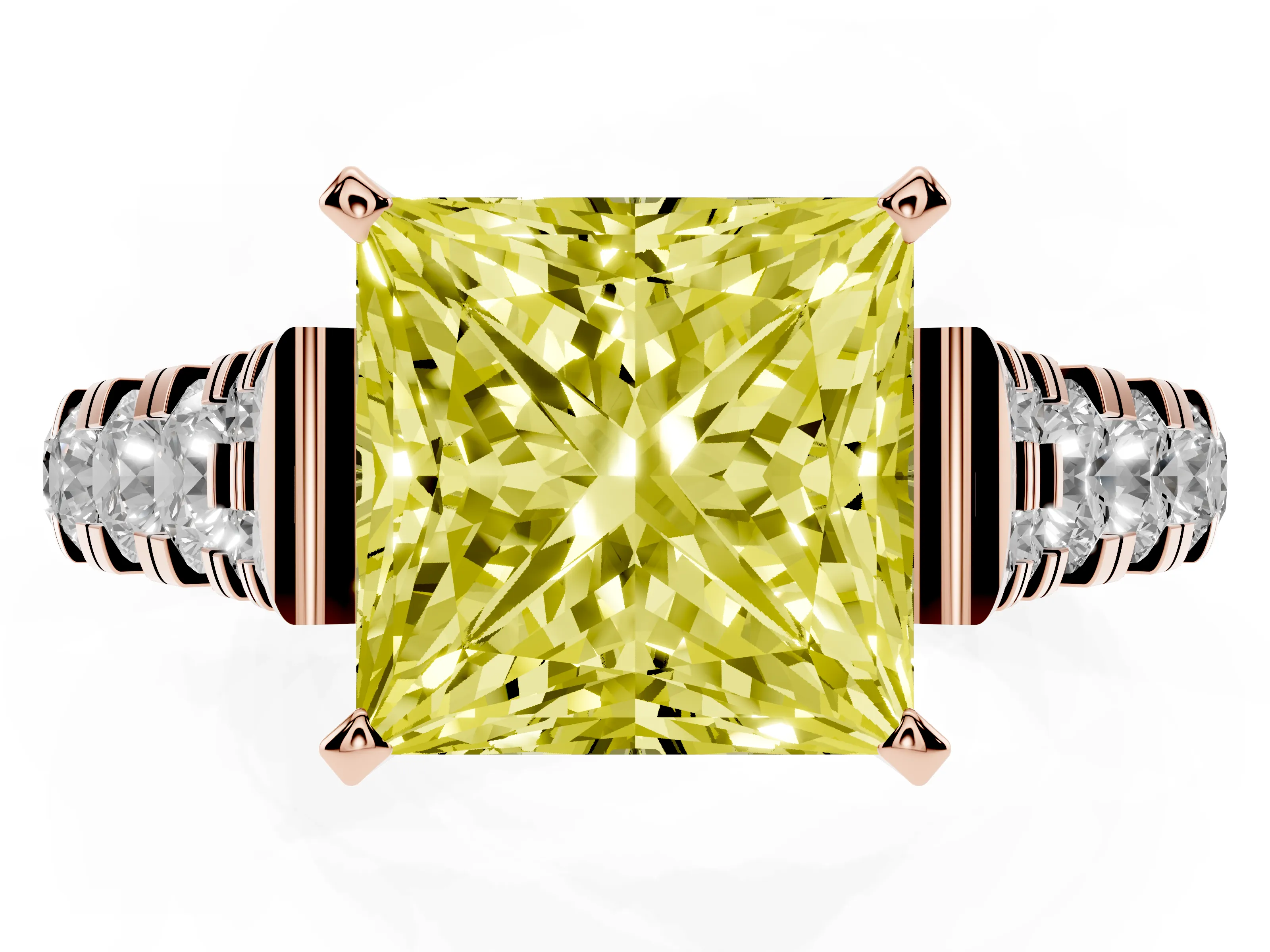 Fancy Yellow Princess Cut Diamond Classic Solitaire Ring Set in Rose gold with Pavé Band and Prong Setting