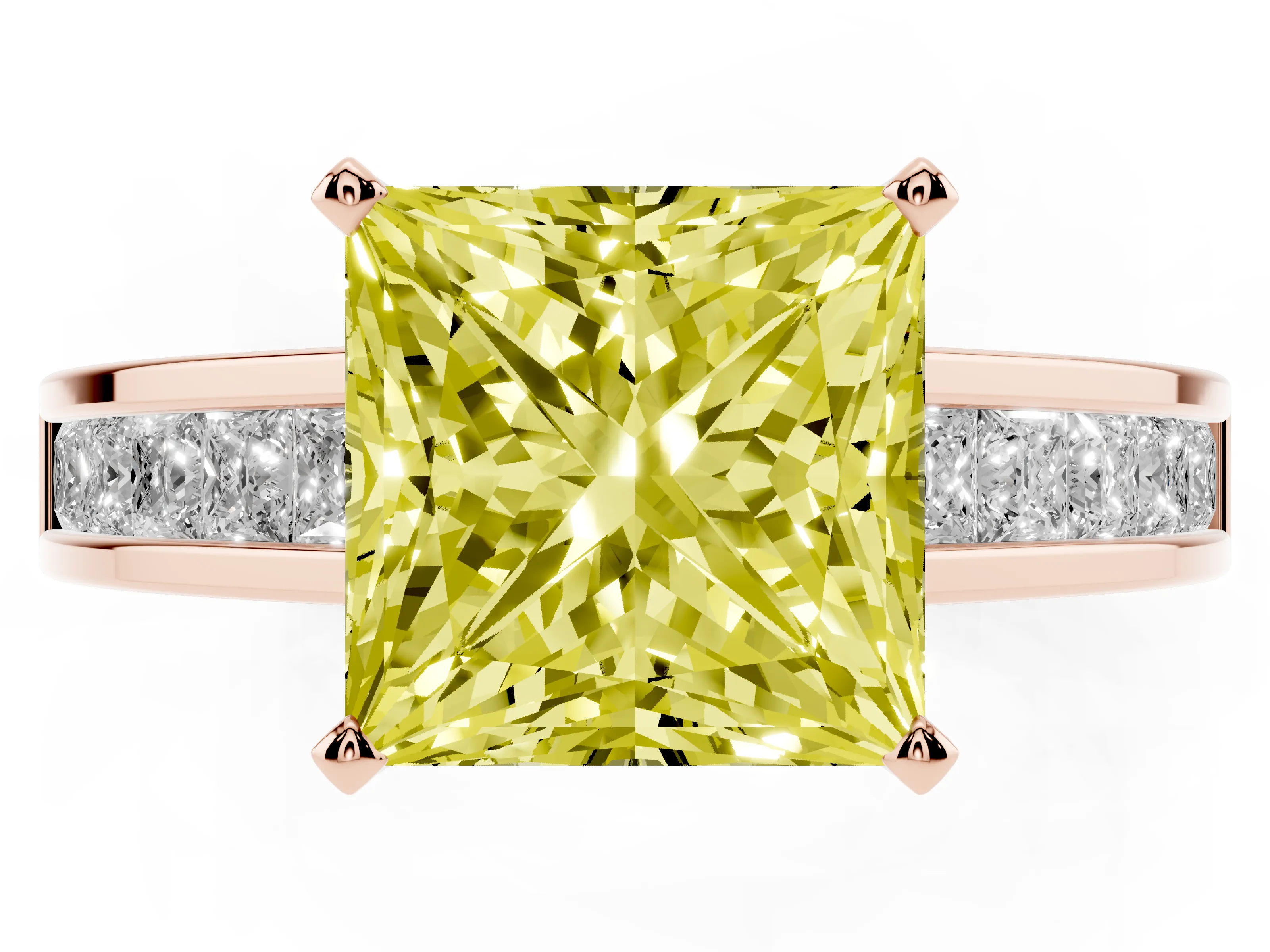 Fancy Yellow Princess Cut Diamond Solitaire Ring Set in Rose gold with Channel-Set Band and Prong Setting