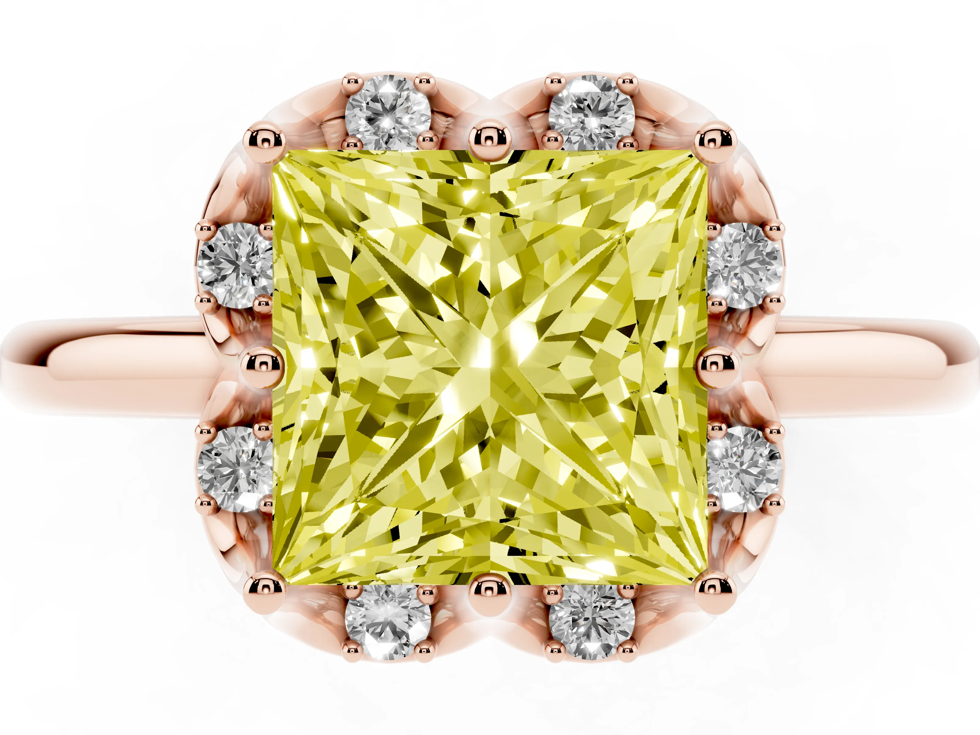 Fancy Yellow Princess Cut Diamond Round Cluster Halo Ring Set in Rose gold with Solitaire Band and Prong Setting