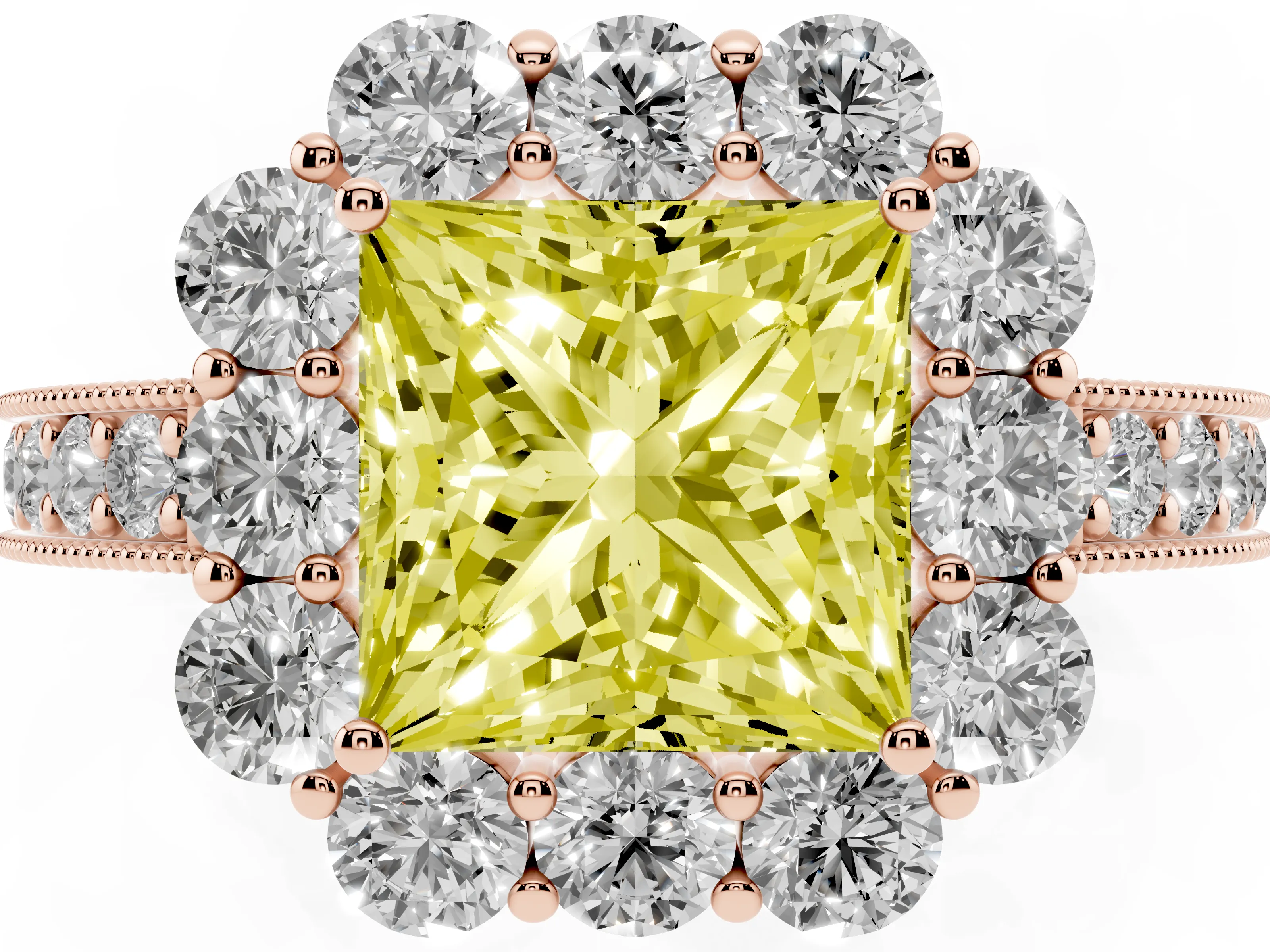 Fancy Yellow Princess Cut Diamond Halo Pavé Engagement Ring Set in Rose gold with Milgrain Detailing