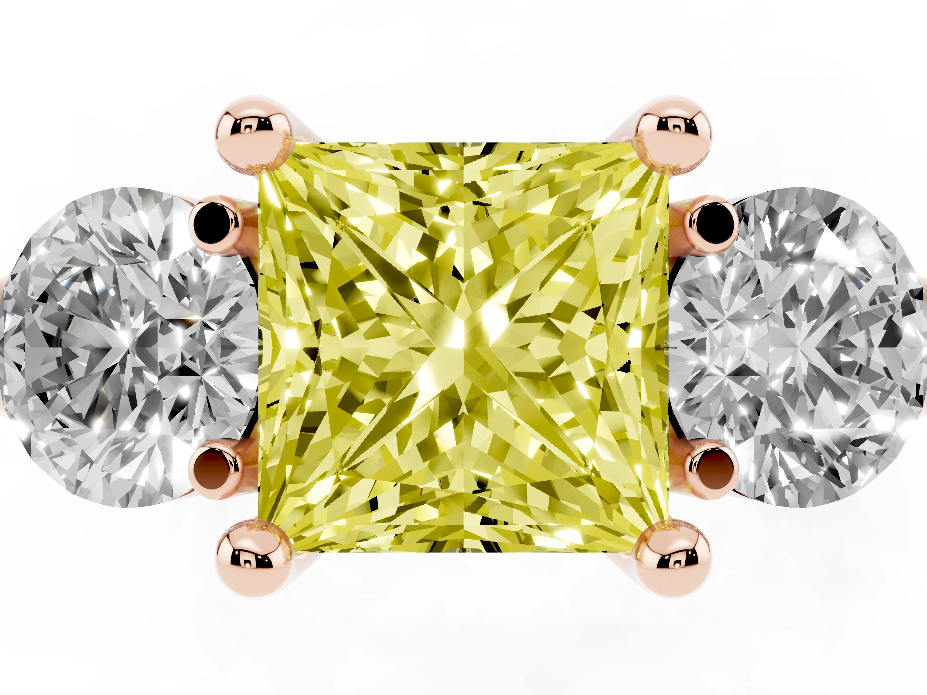 Fancy Yellow Princess Cut Diamond Three-Stone Ring Set in Rose gold with Prong Setting and Classic Band
