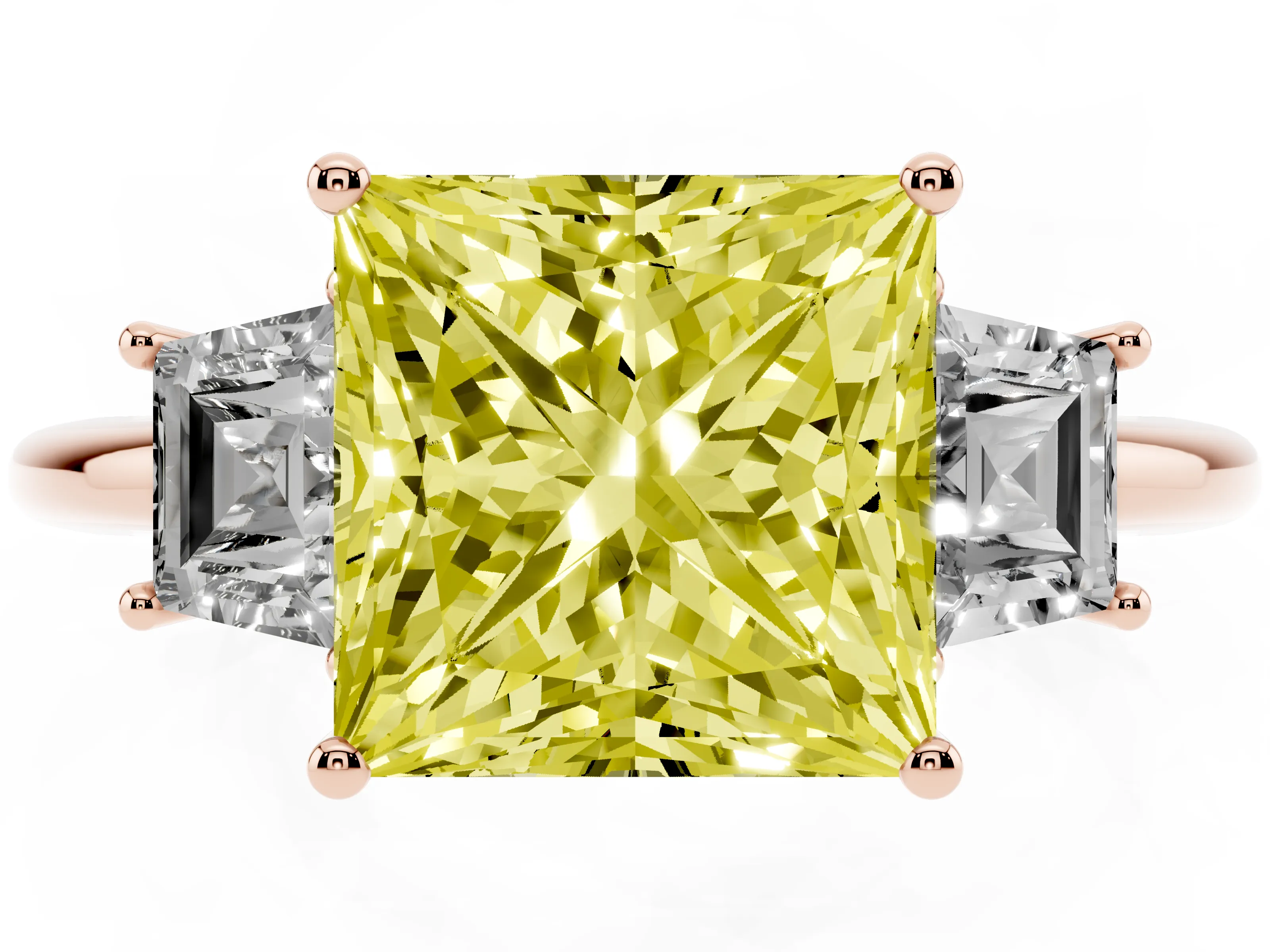 Fancy Yellow Princess Cut Diamond Three-Stone Ring Set in Rose gold with Trapezoid Side Stones and Prong Setting
