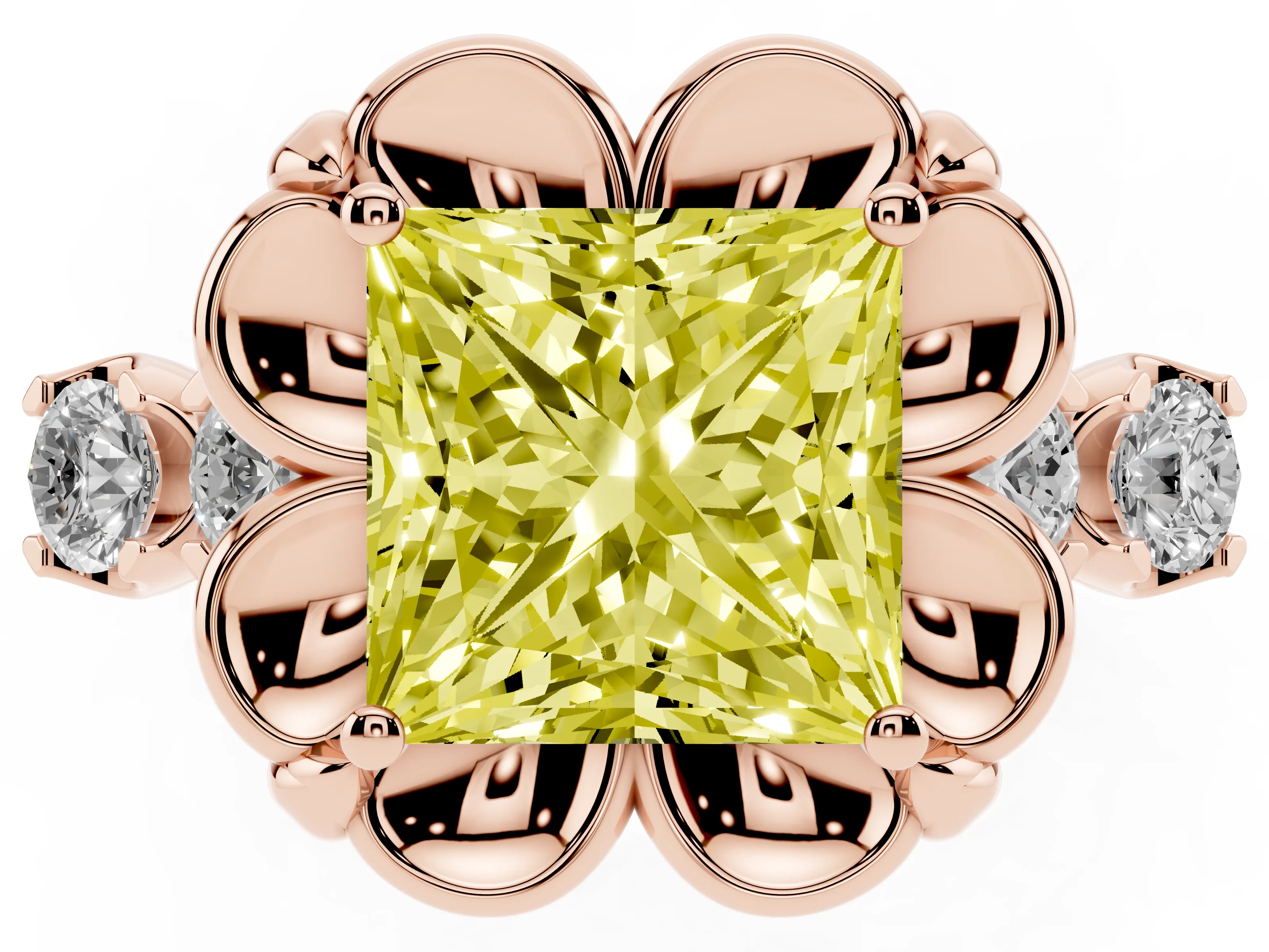Fancy Yellow Princess Cut Diamond Floral Halo Ring Set in Rose gold with Shared Prong Band