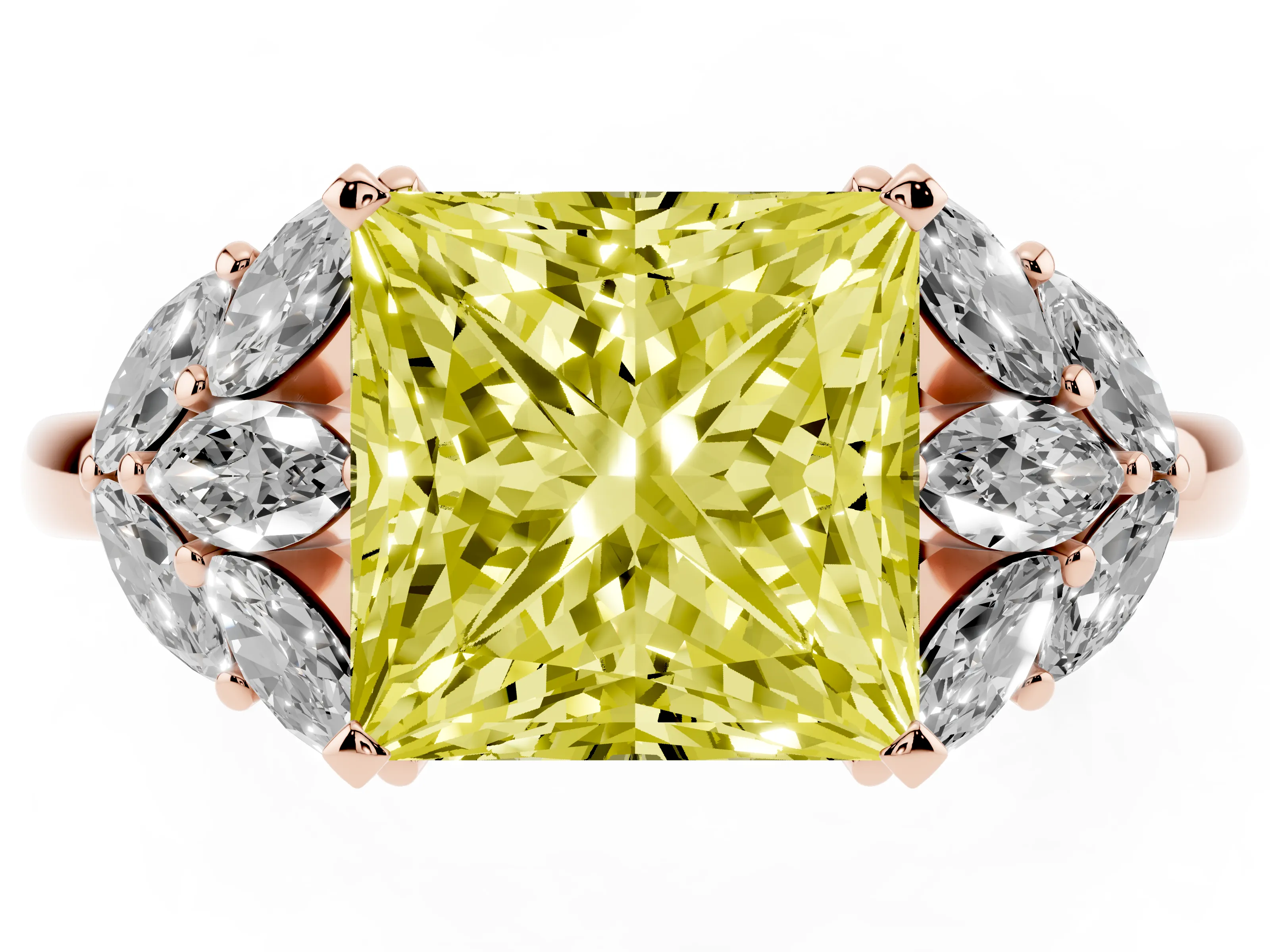 Fancy Yellow Princess Cut Diamond Cluster Leaf Design Ring Set in Rose gold with Prong Setting