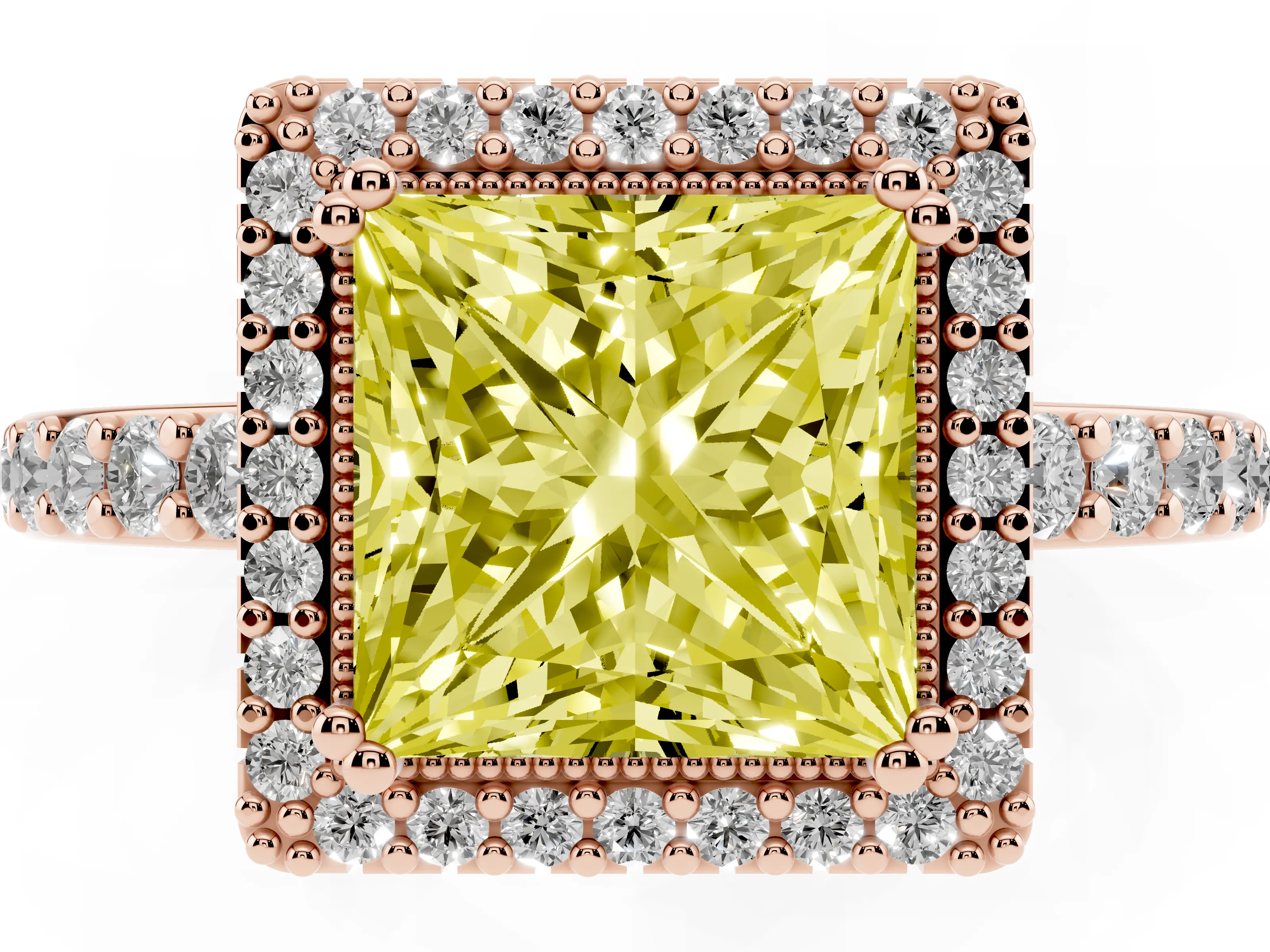 Fancy Yellow Princess Cut Diamond Halo Engagement Ring Set in Rose gold with Milgrain Detail and Pavé Band