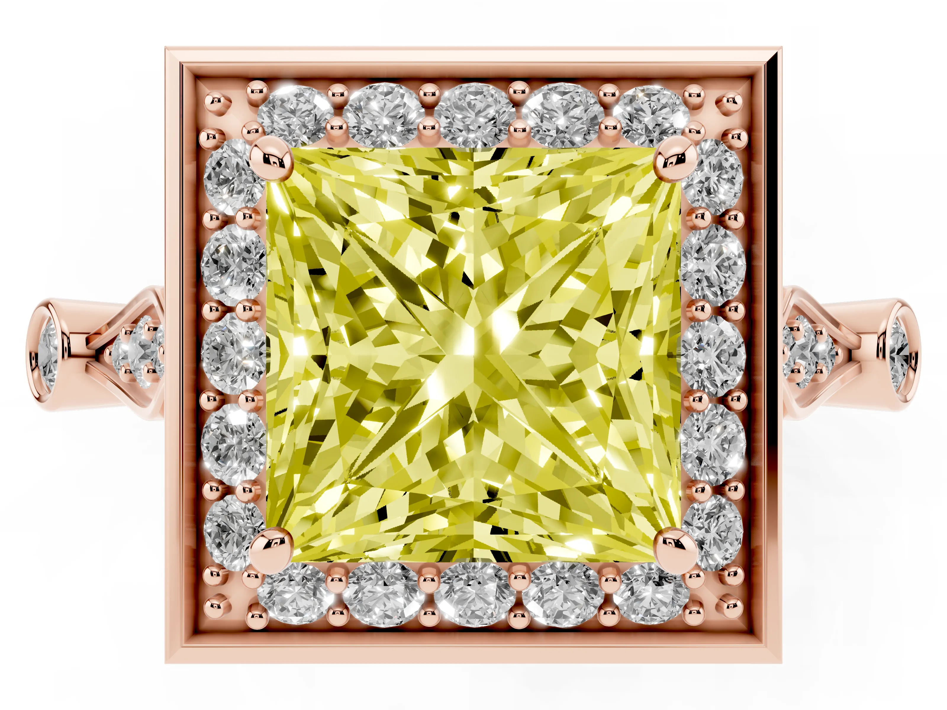 Fancy Yellow Princess Cut Diamond Halo Engagement Ring Set in Rose gold with Twisted Band and Prong Setting