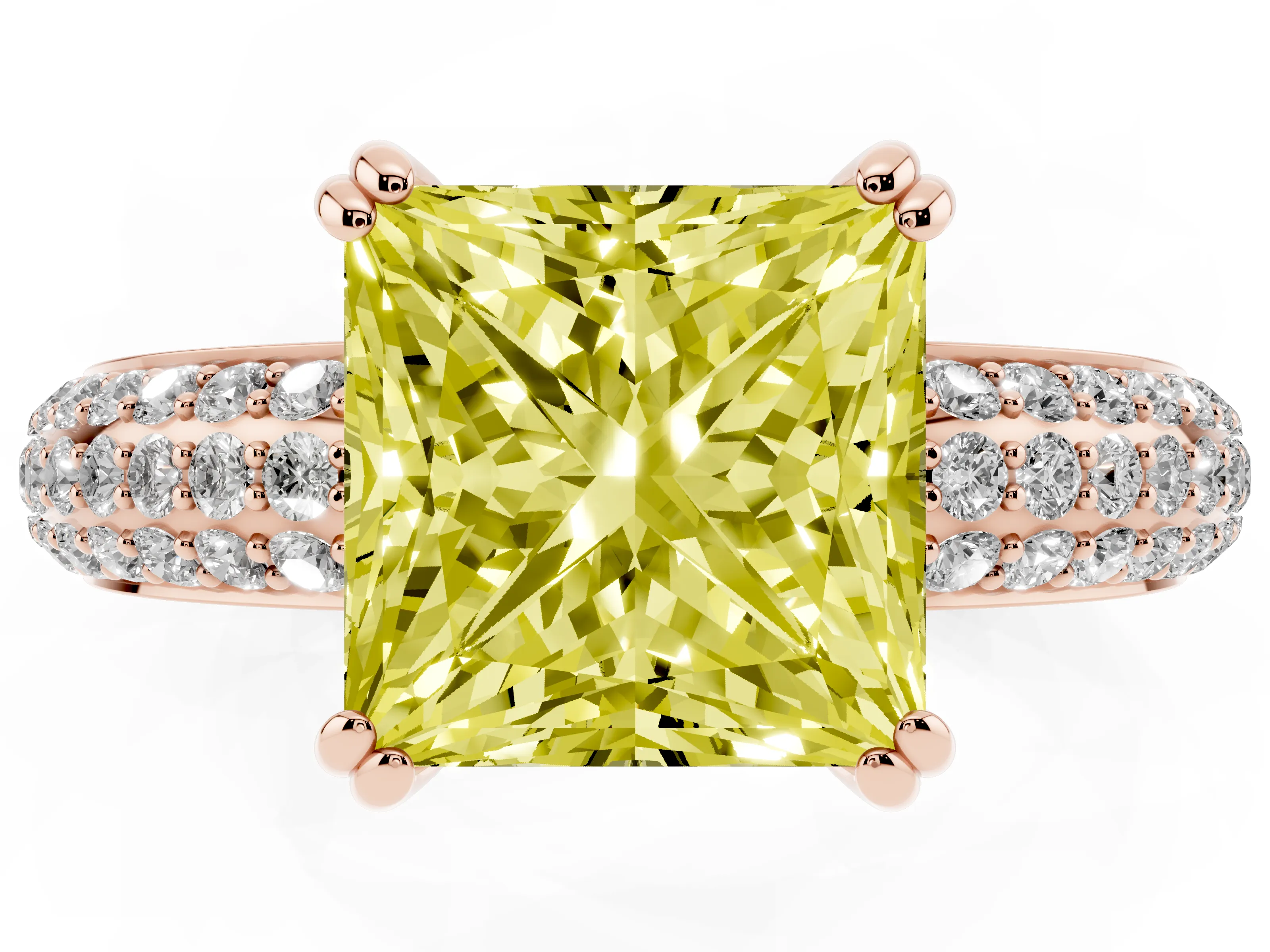 Fancy Yellow Princess Cut Diamond Solitaire Ring Set in Rose gold with Multi-Row Round Pavé Band and Prong Setting