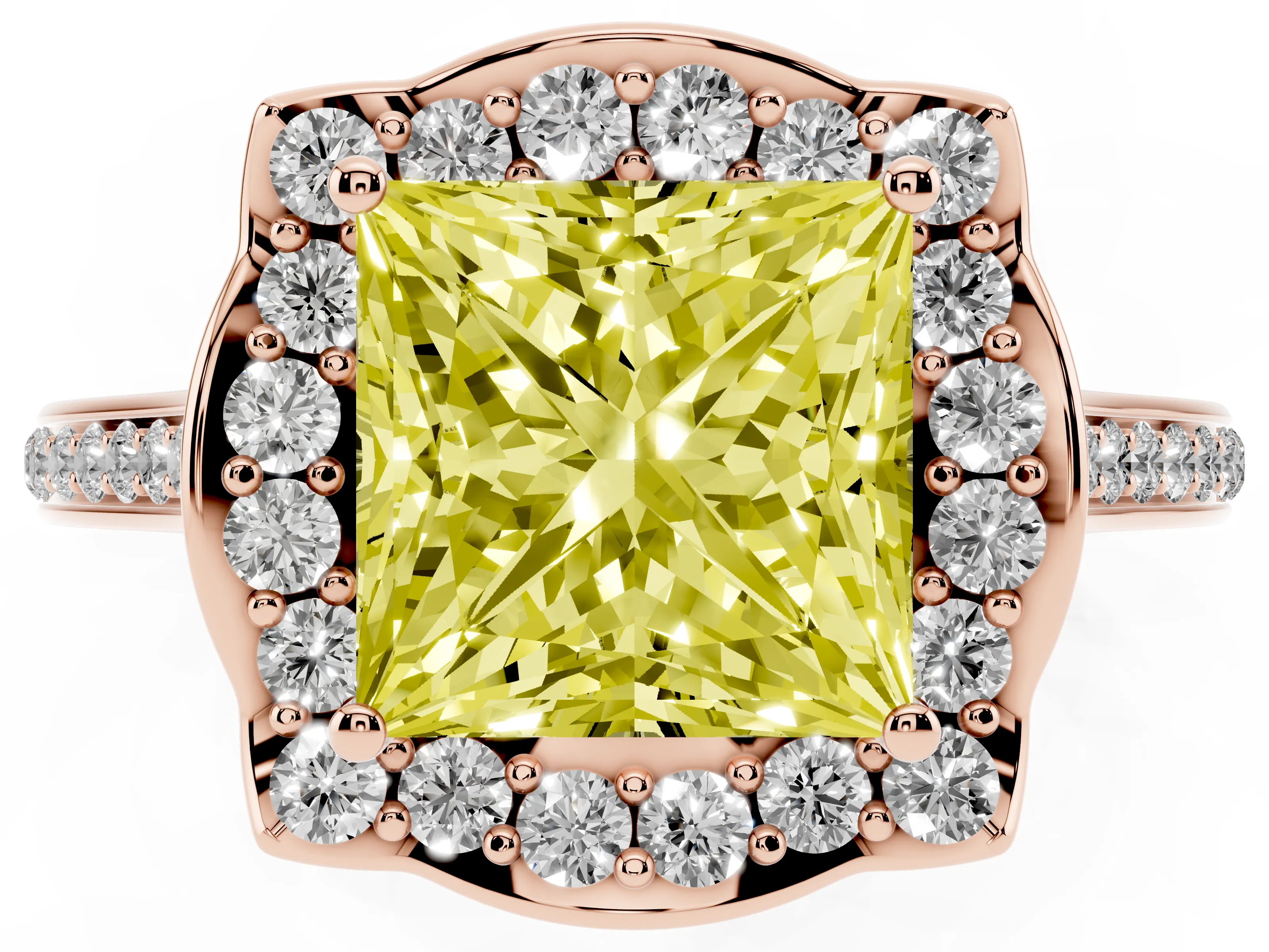 Fancy Yellow Princess Cut Diamond Halo Ring Set in Rose gold with Pavé-Lined Shoulders and Prong Setting