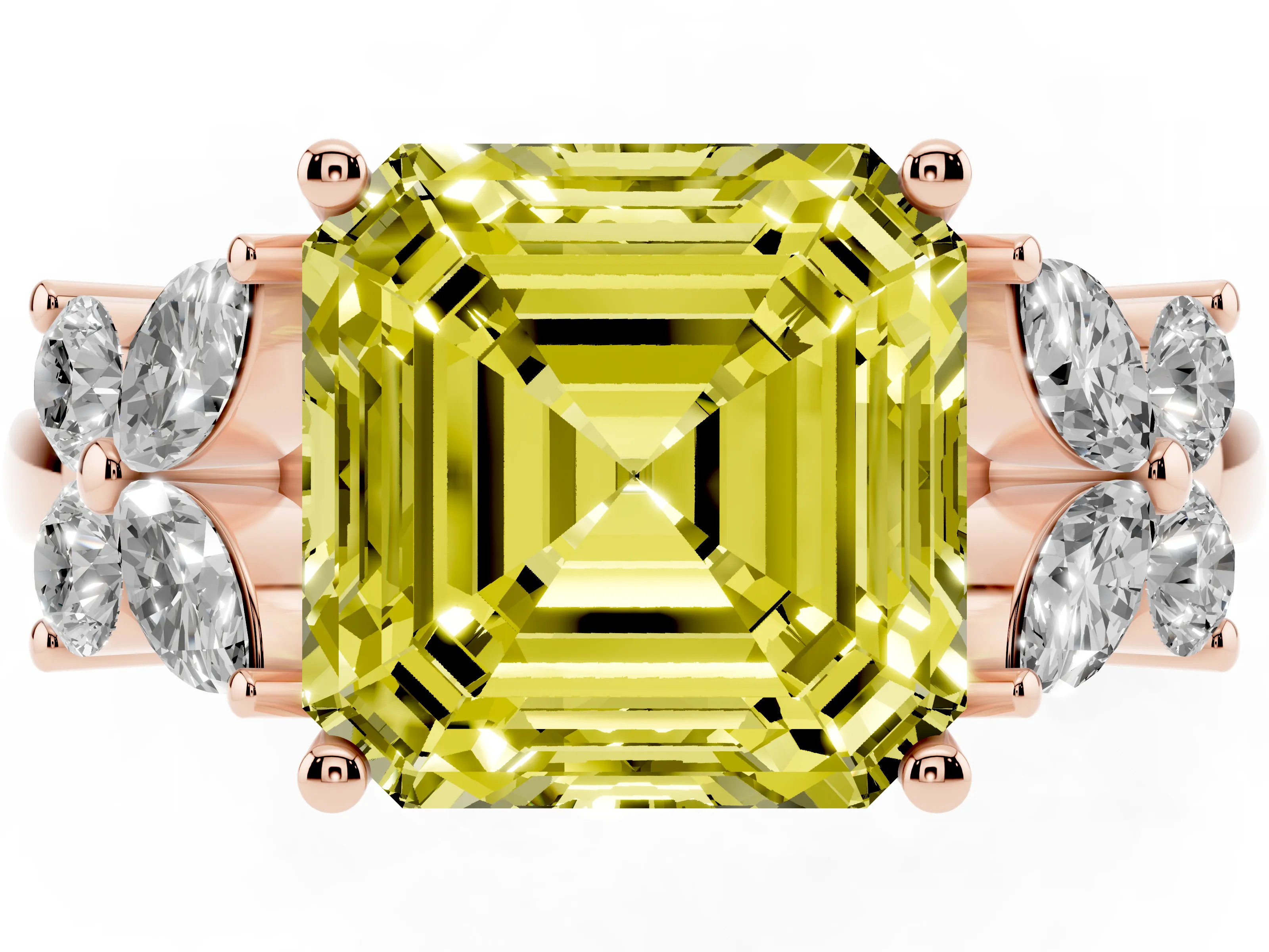 Fancy Yellow Princess Cut Diamond Floral Cluster Ring Set in Rose gold with Marquise Petals and Prong Setting