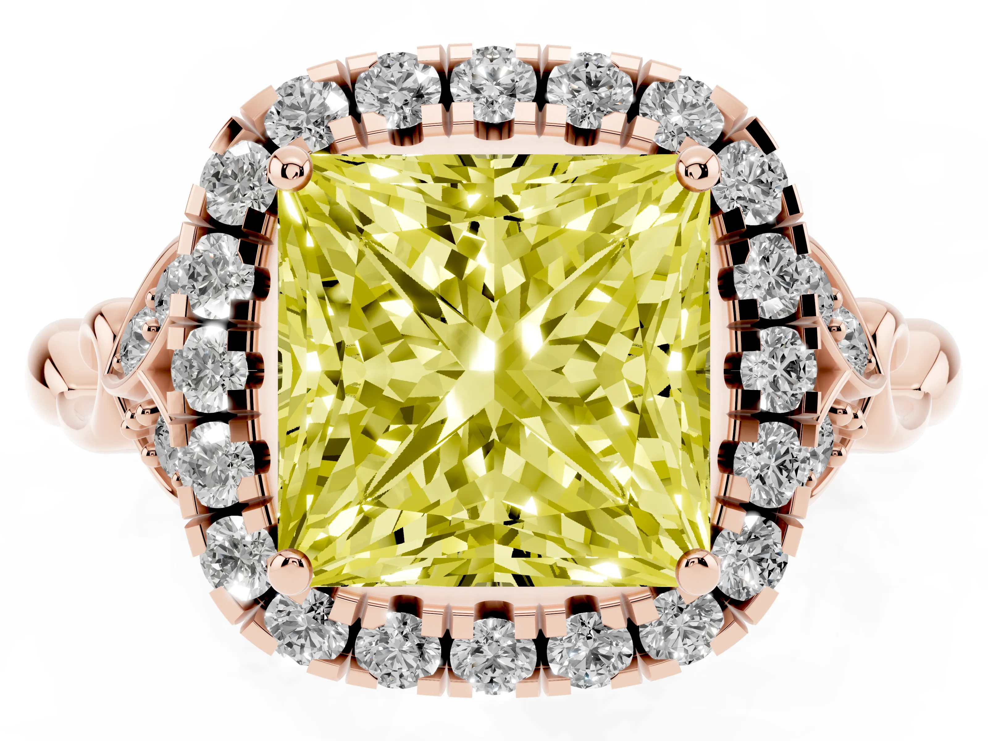 Fancy Yellow Princess Cut Diamond Halo Engagement Ring Set in Rose gold with Vintage-Inspired Band and Prong Setting