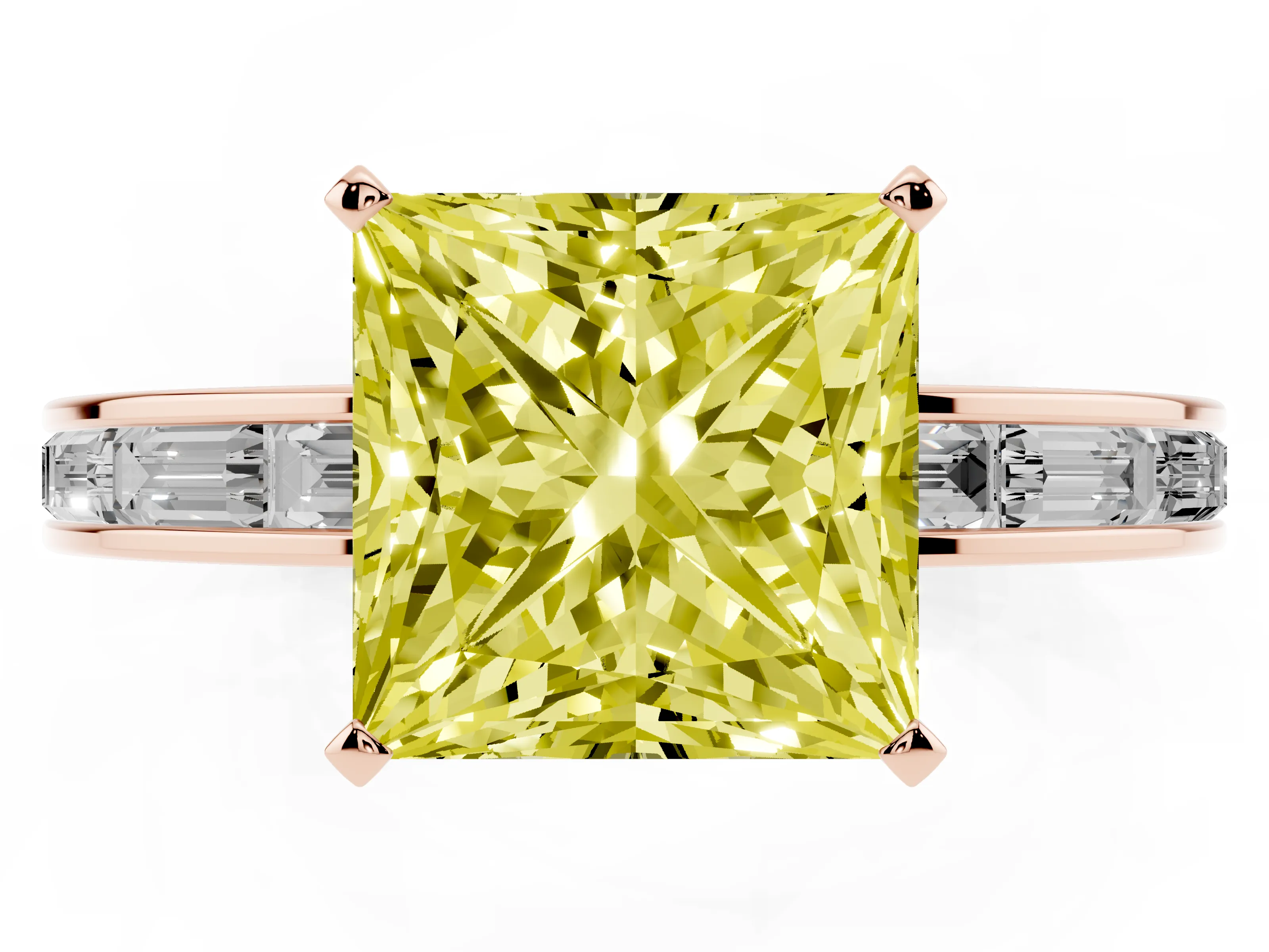 Fancy Yellow Princess Cut Diamond Solitaire Ring Set in Rose gold with Channel-Set Baguette Band and Prong Setting