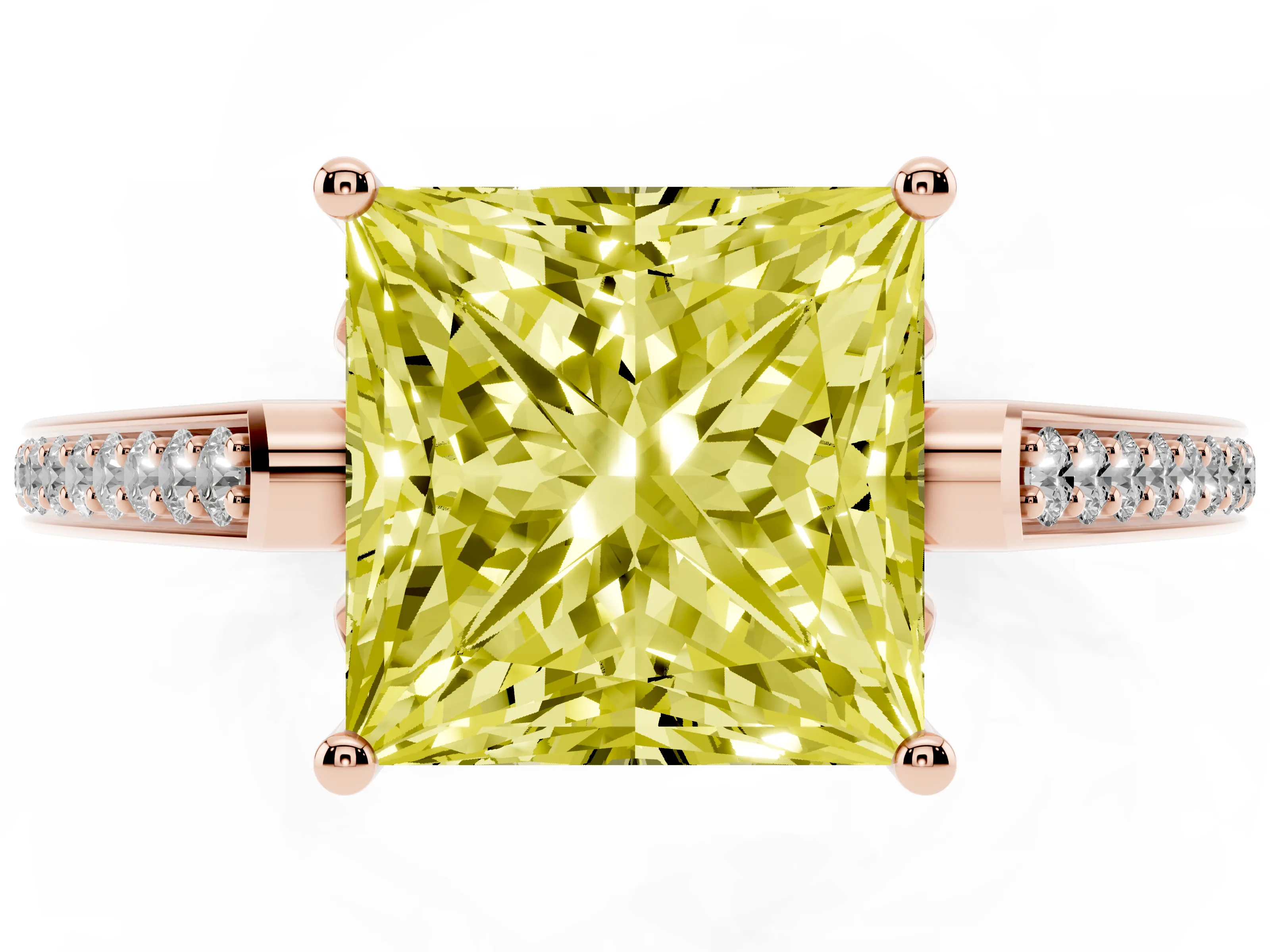 Fancy Yellow Princess Cut Diamond Cathedral Pavé Engagement Ring Set in Rose gold with Prong Setting