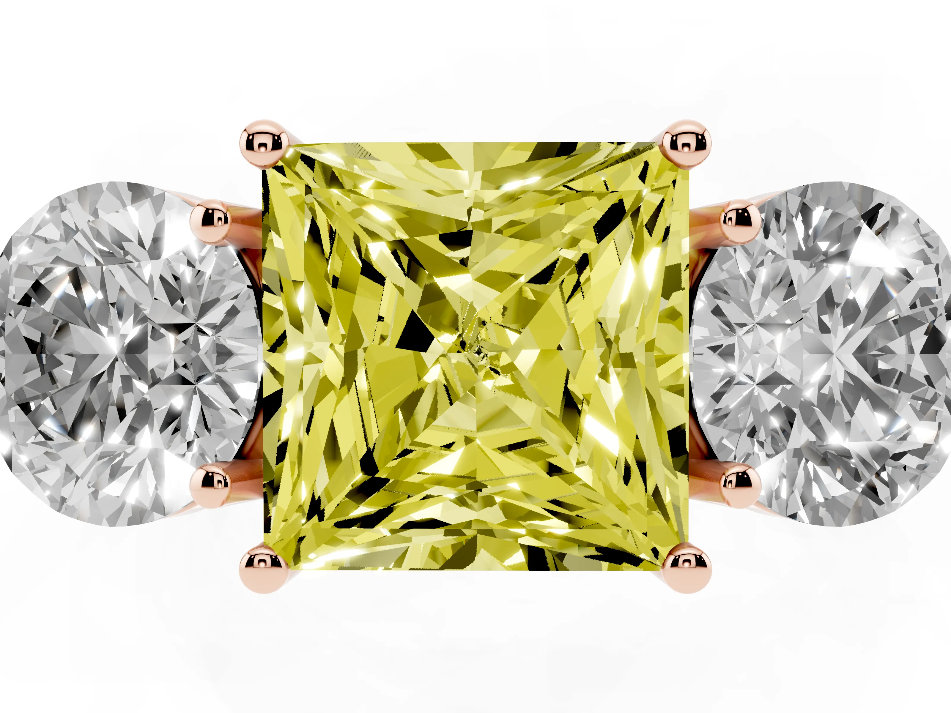 Fancy Yellow Princess Cut Diamond Three-Stone Ring Set in Rose gold with Prong Setting and Plain Band
