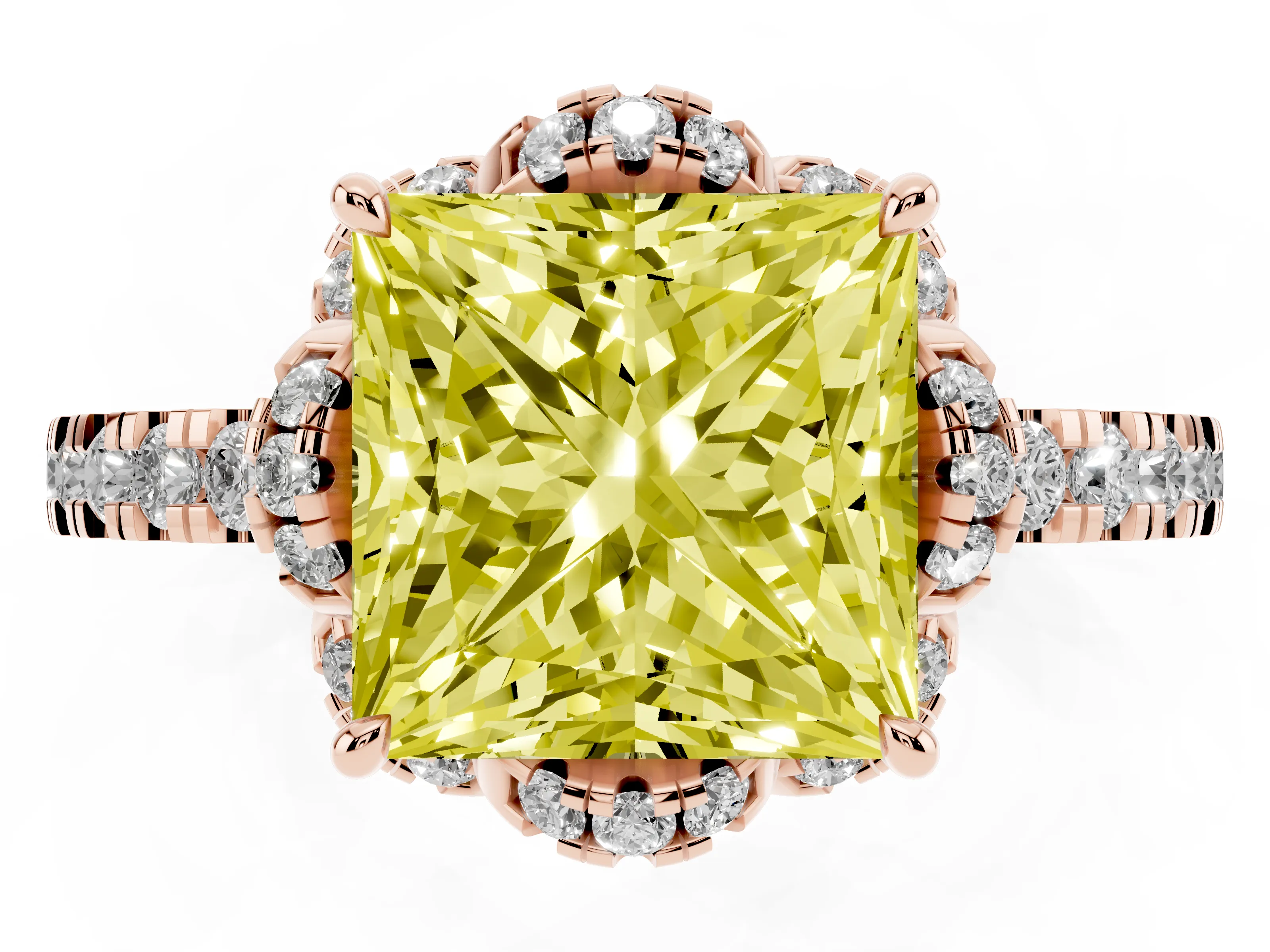 Fancy Yellow Princess Cut Diamond Halo Pavé Band Ring Set in Rose gold with Prong-Held Center