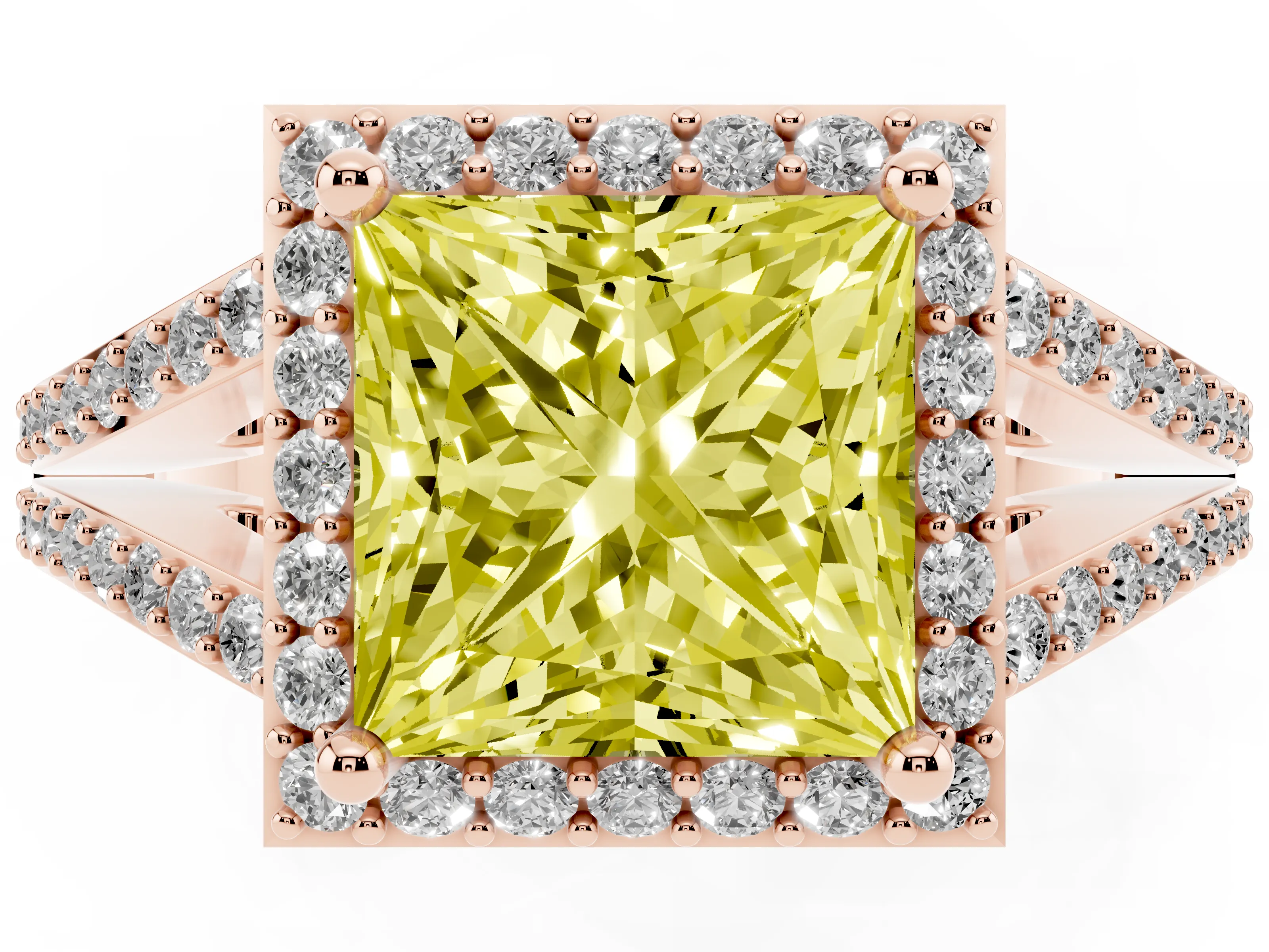 Fancy Yellow Princess Cut Diamond Halo Split Shank Pavé Ring Set in Rose gold with Prong Setting